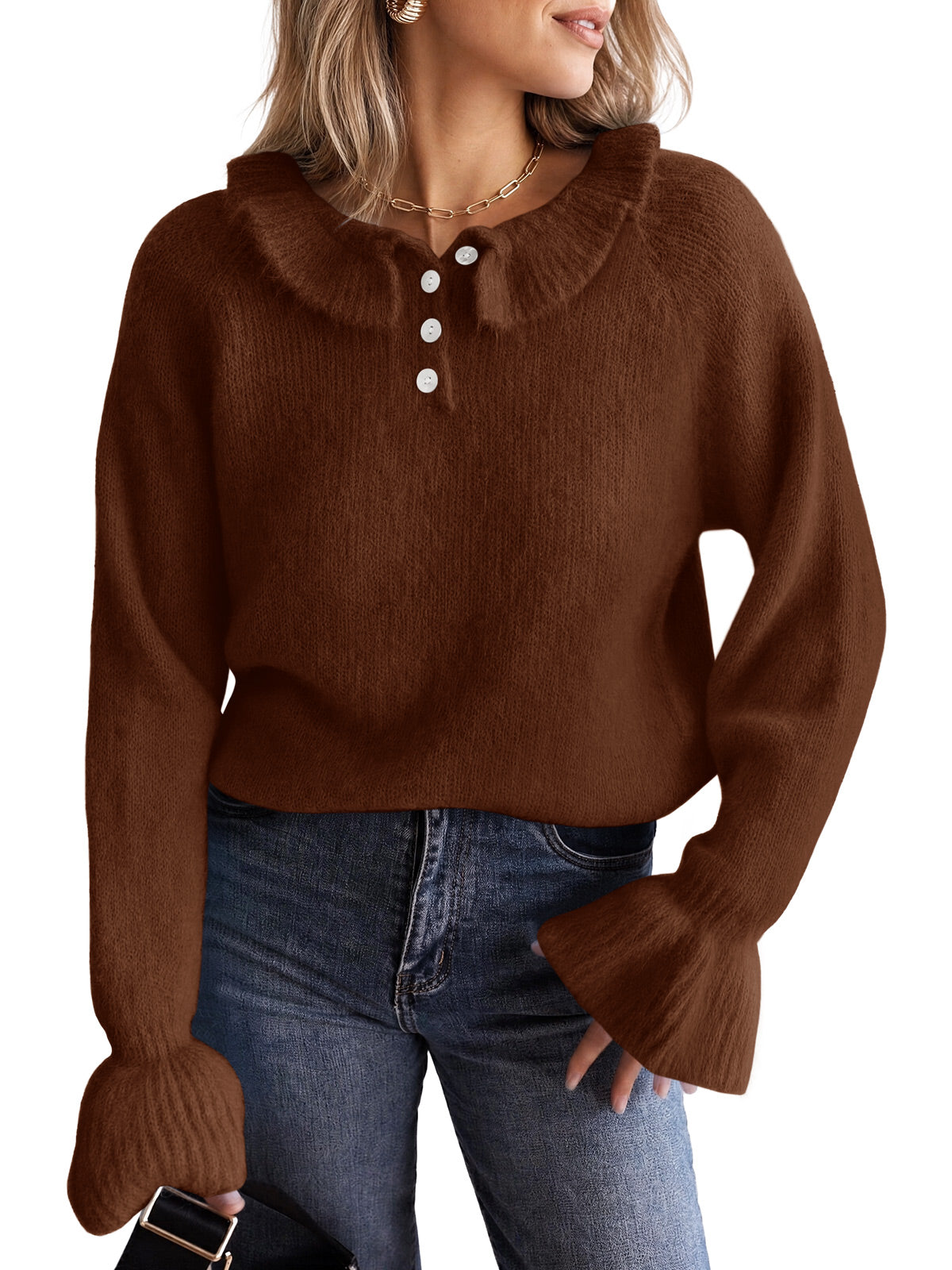 usvara Women Ruffle Collared Long Sleeve Sweater