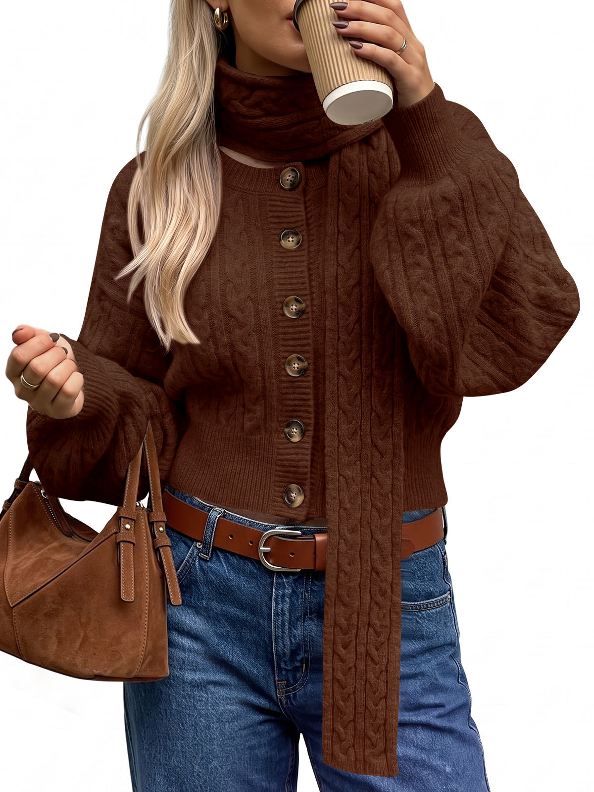 usvara Womens Cable Knit Cardigan with Scarf