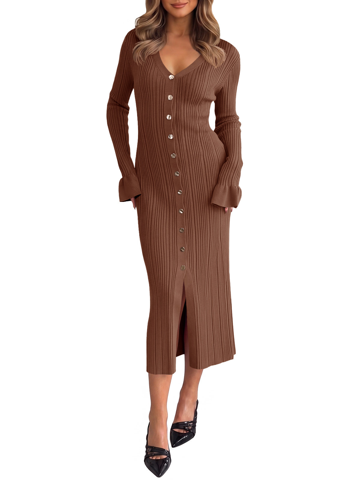 usvara Womens V Neck Midi Sweater Dress