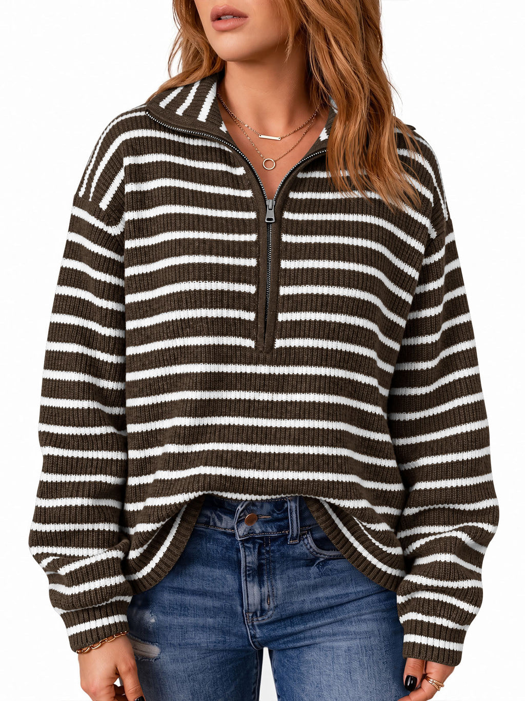 usvara Womens Striped Half Zip Sweater