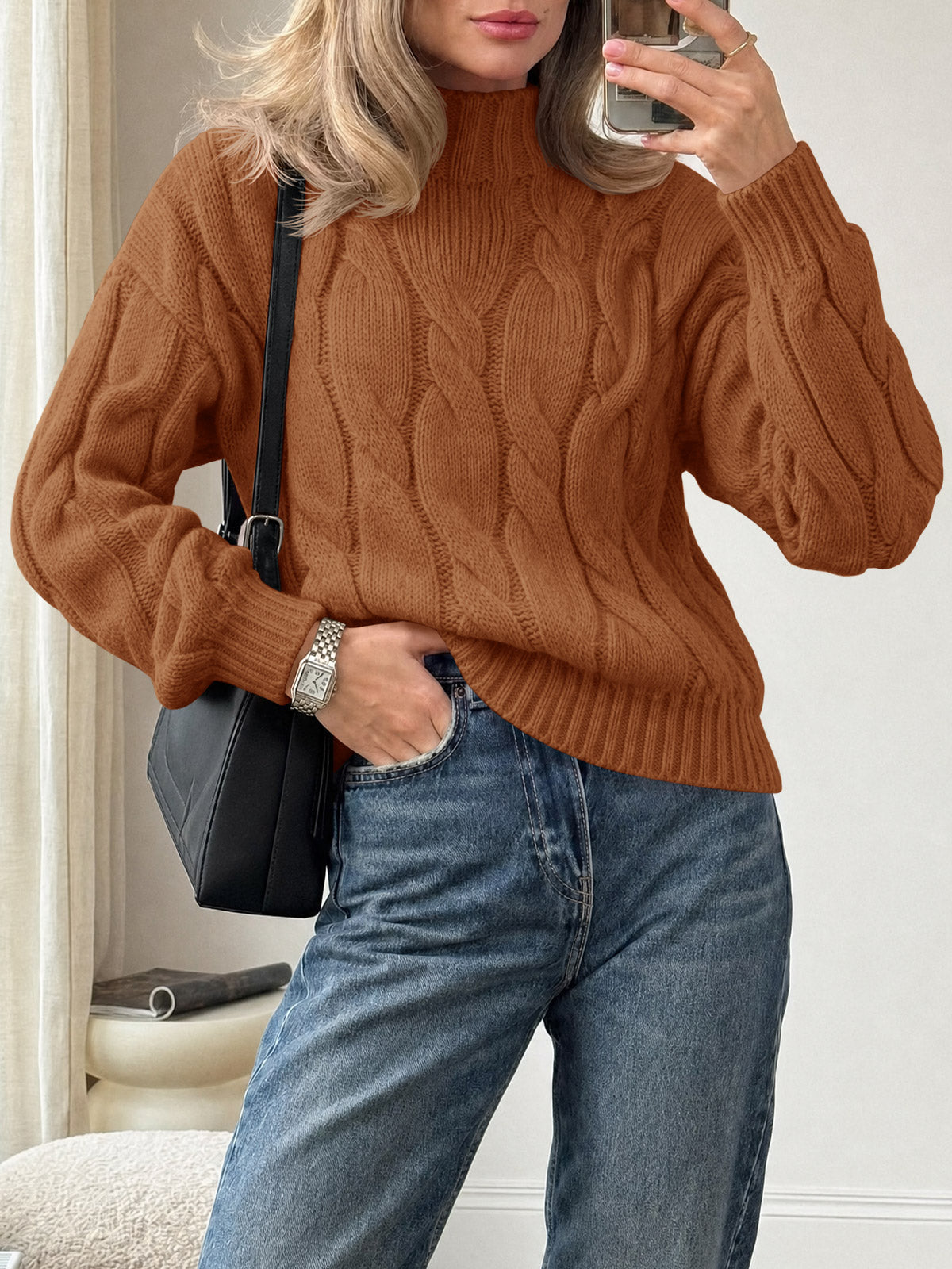 usvara Womens Mock Neck Cable Knit Sweater