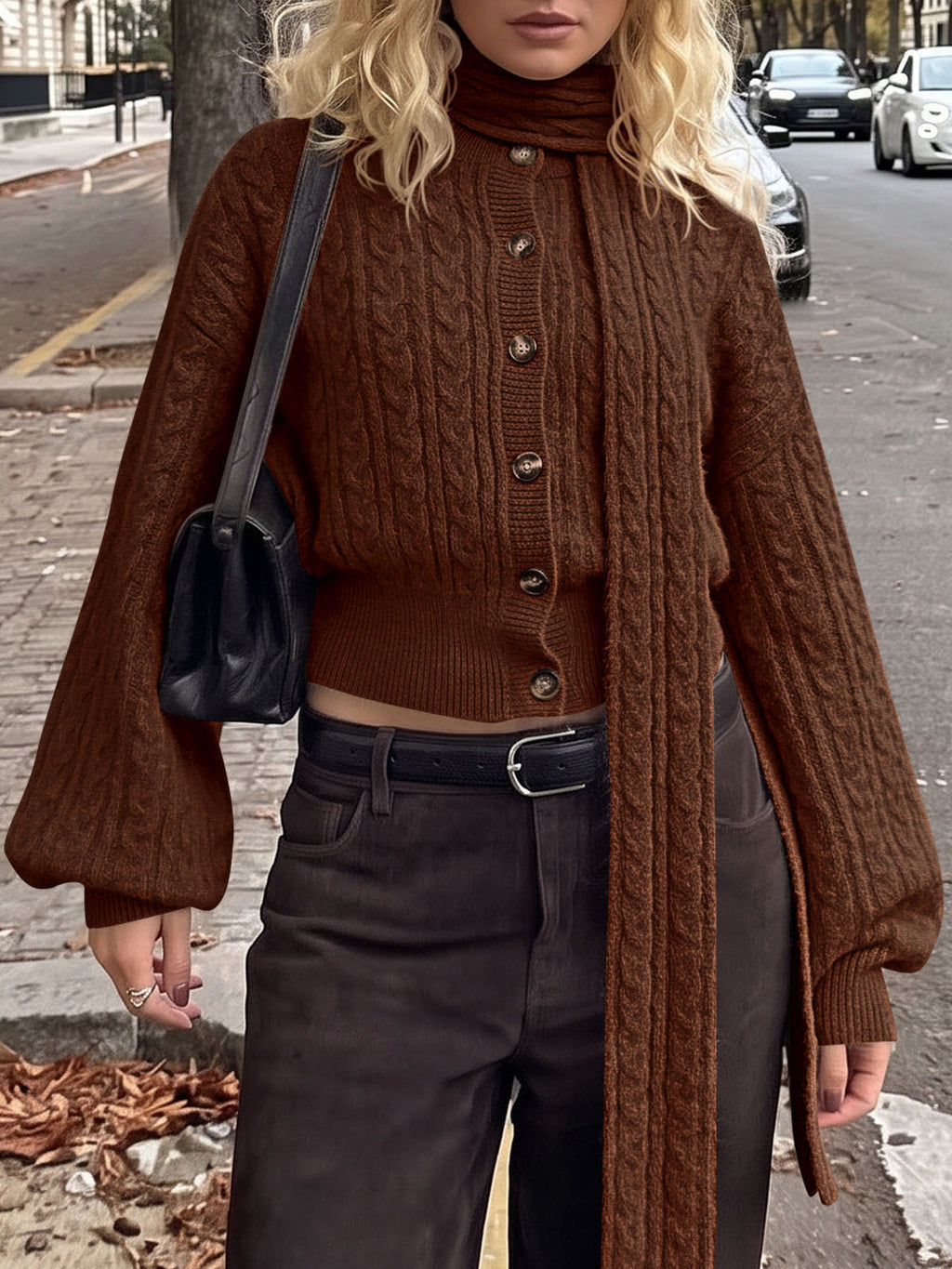 usvara Womens Cable Knit Cardigan with Scarf