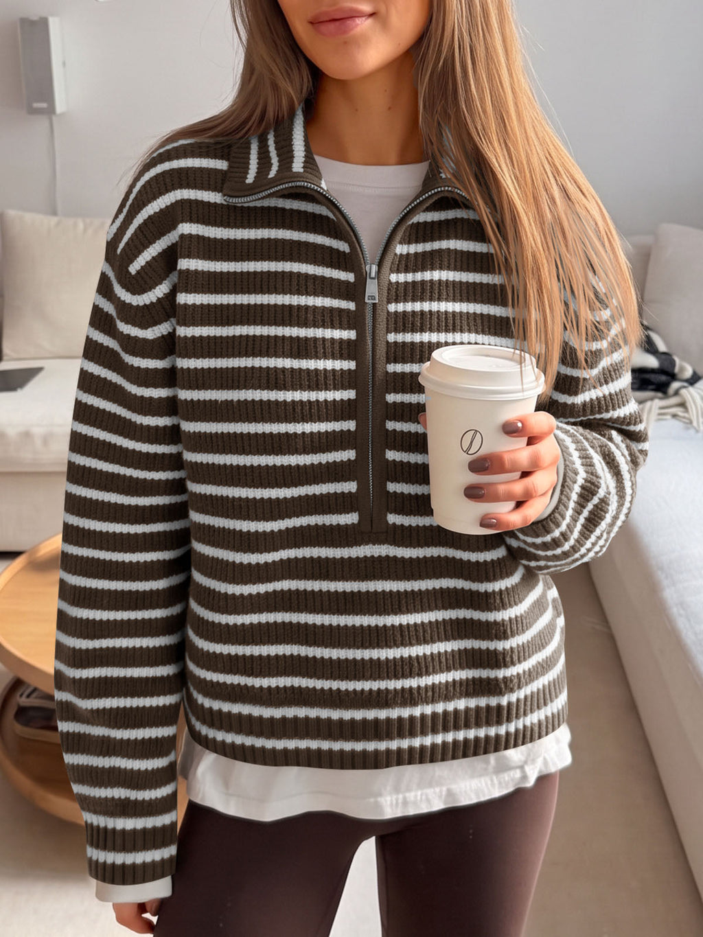 usvara Womens Striped Half Zip Sweater