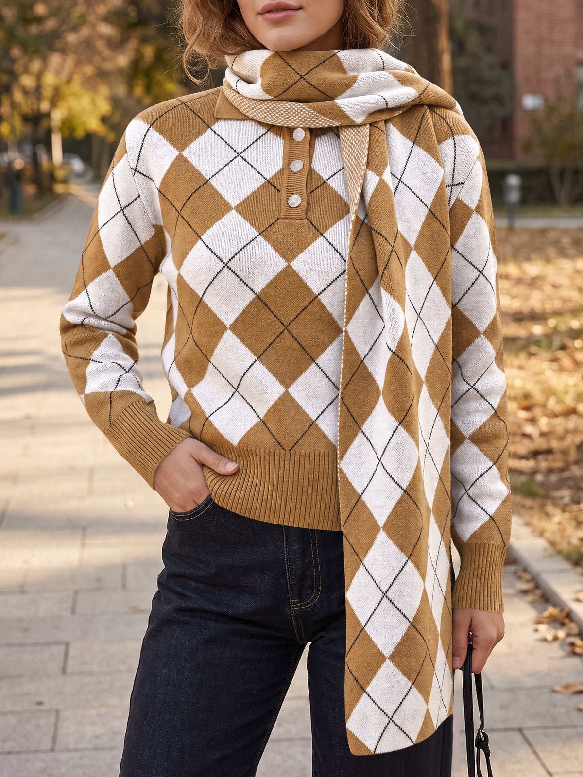 usvara Womens Argyle Color Block Polo Sweater
