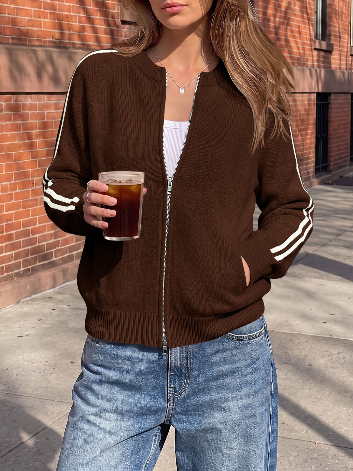 usvara Womens Zip Up Crew Neck Cardigan