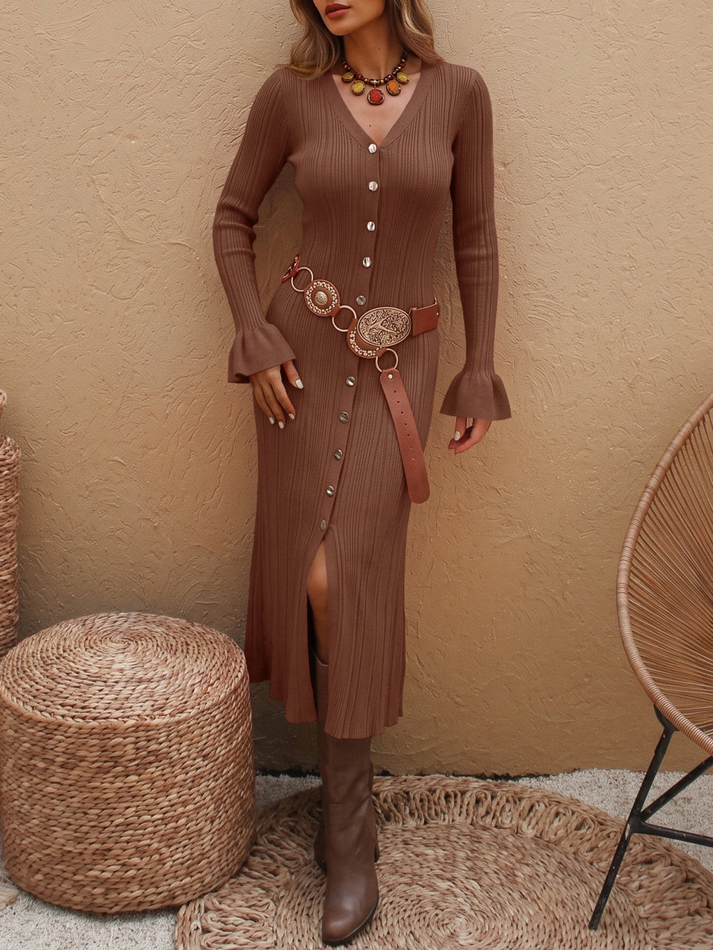 usvara Womens V Neck Midi Sweater Dress
