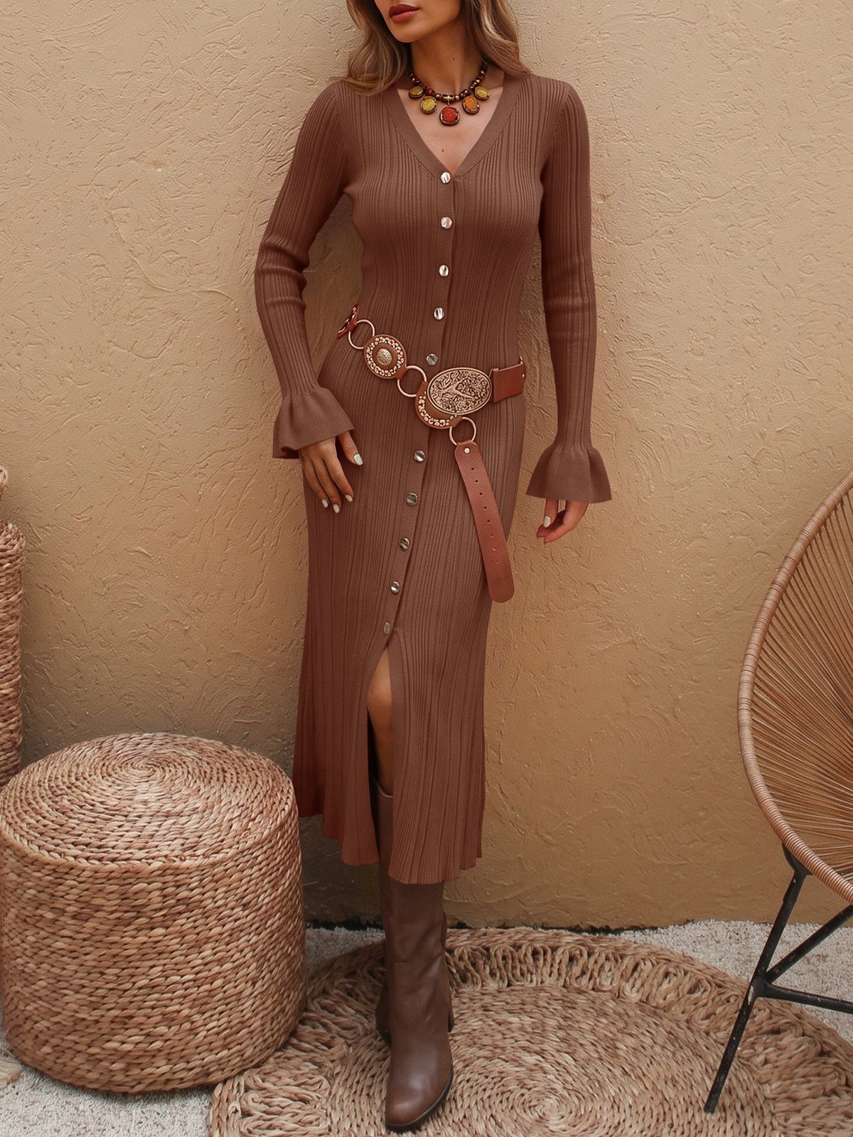 usvara Womens V Neck Midi Sweater Dress