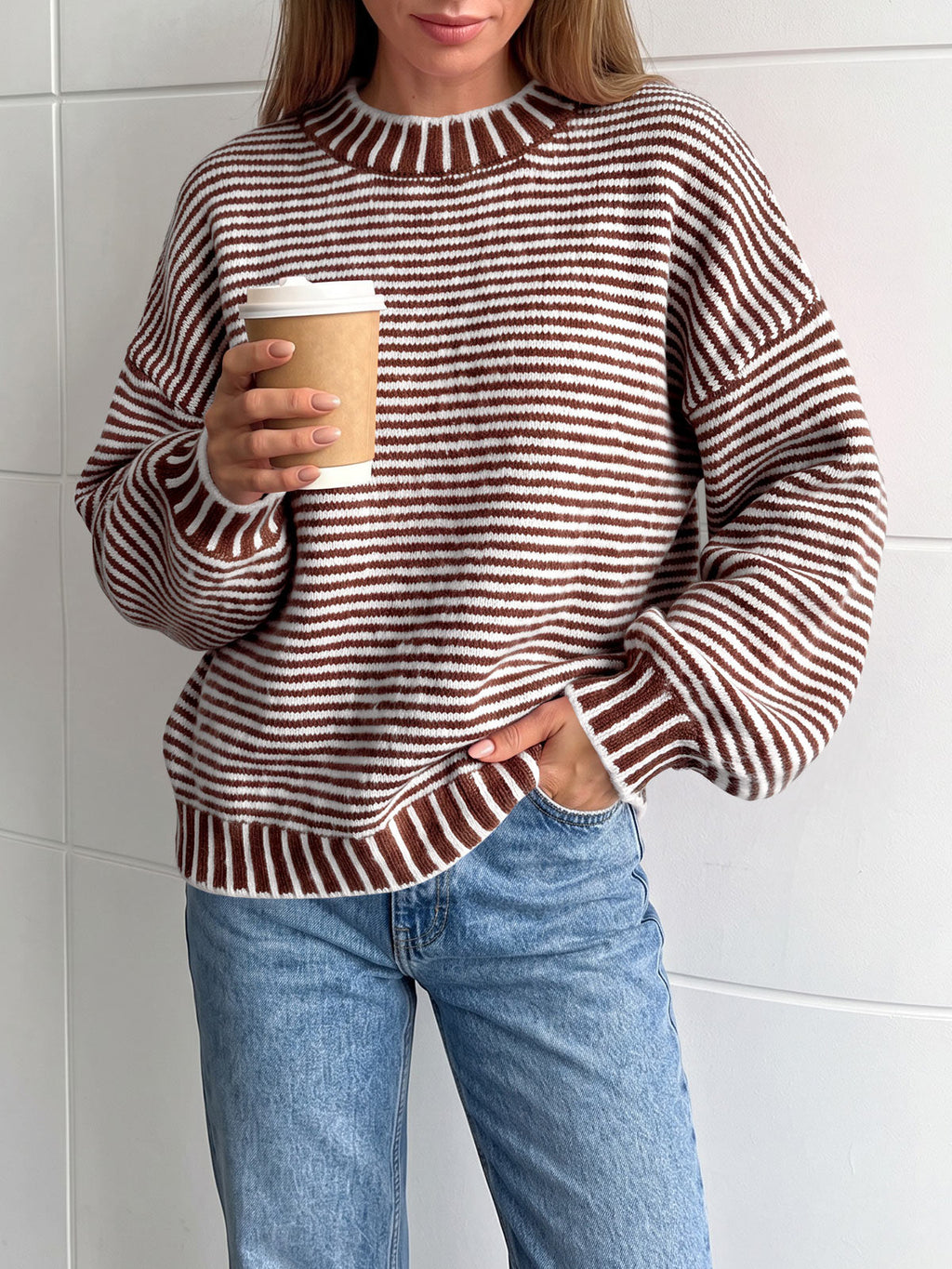 usvara Womens Striped Crew Neck Knit Sweater