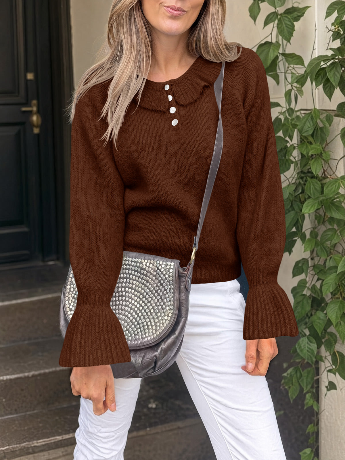 usvara Women Ruffle Collared Long Sleeve Sweater