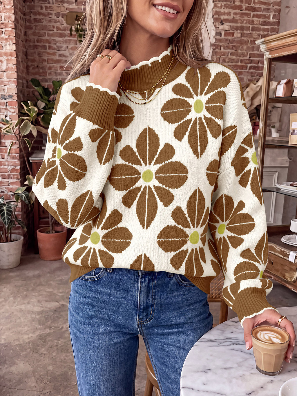 usvara Womens Mock Neck Floral Knit Sweater