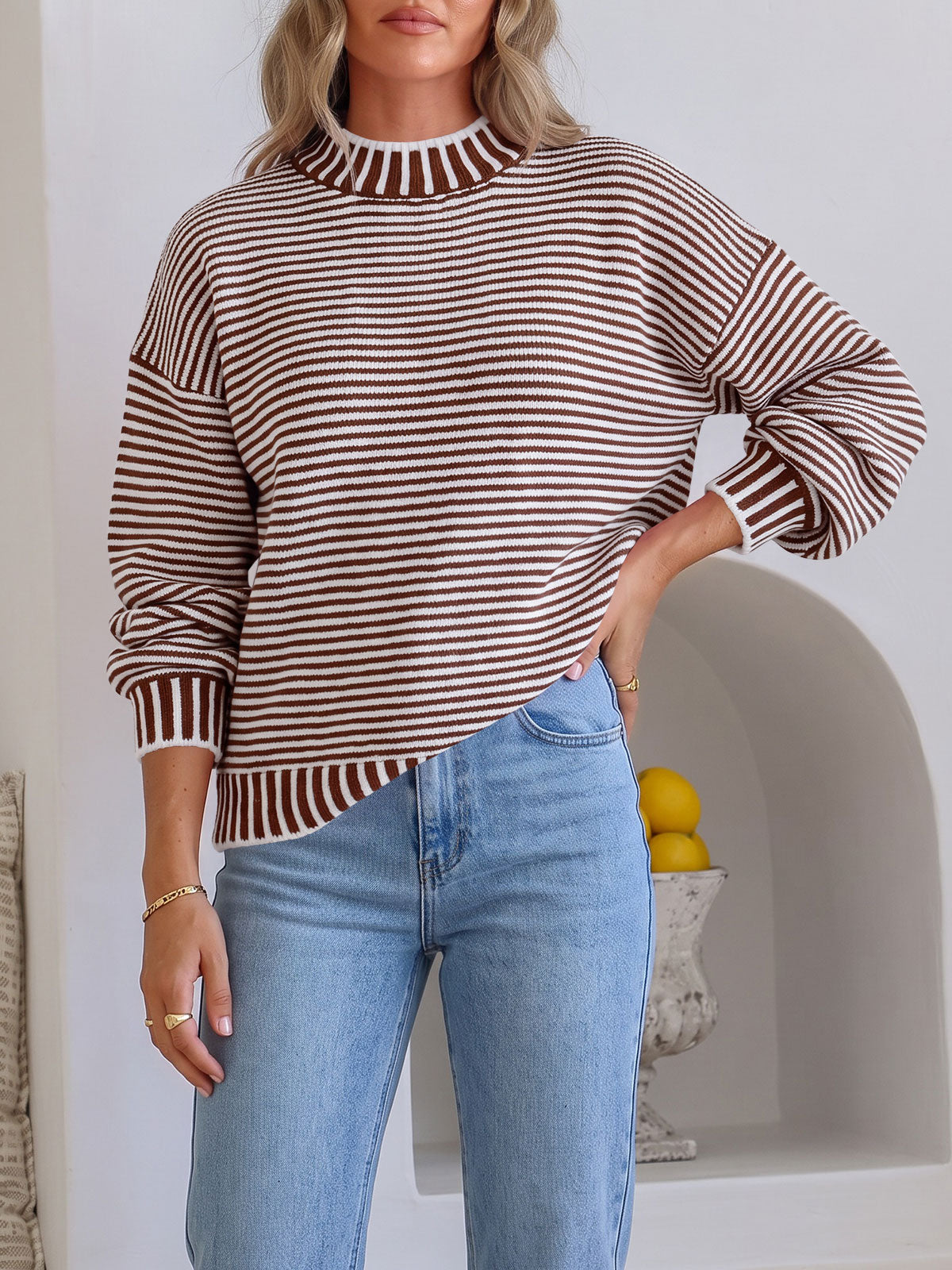 usvara Womens Striped Crew Neck Knit Sweater