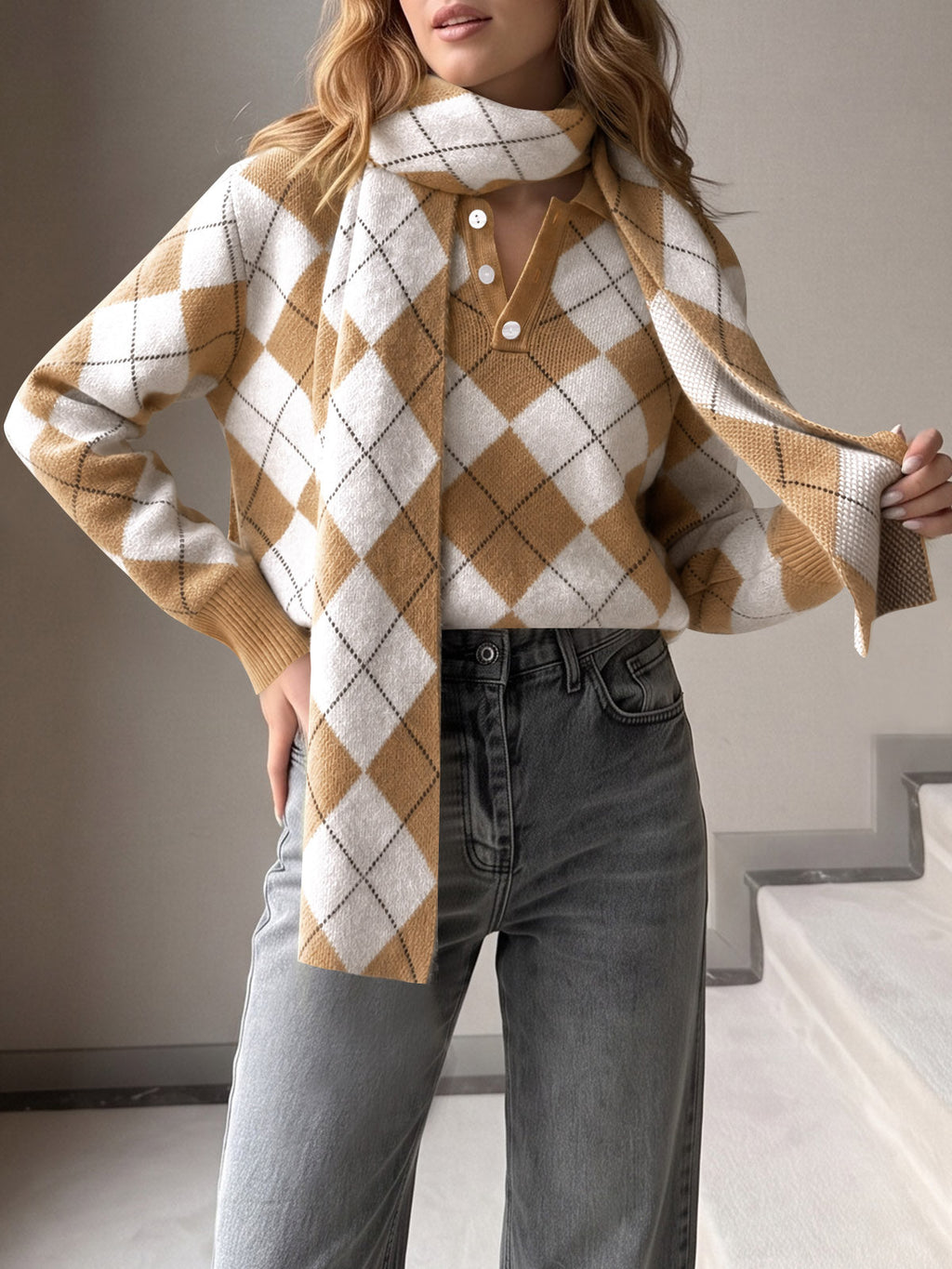 usvara Womens Argyle Color Block Polo Sweater