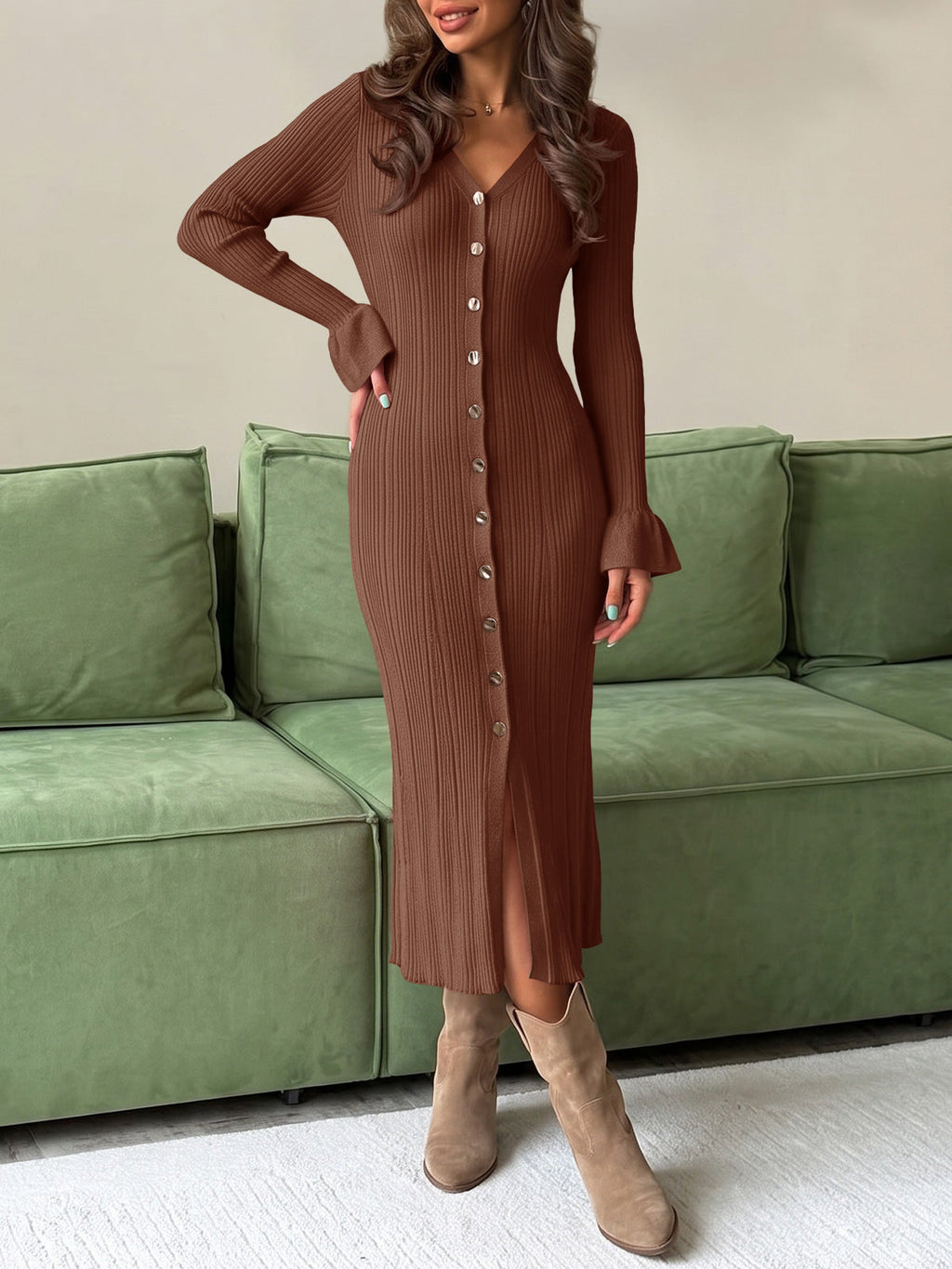 usvara Womens V Neck Midi Sweater Dress