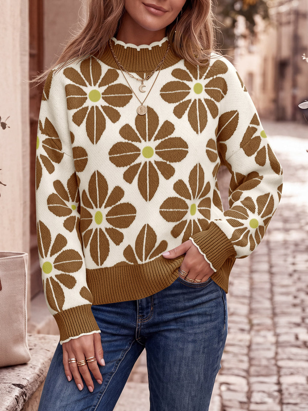 usvara Womens Mock Neck Floral Knit Sweater