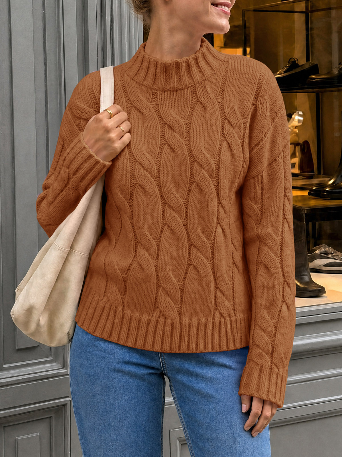 usvara Womens Mock Neck Cable Knit Sweater