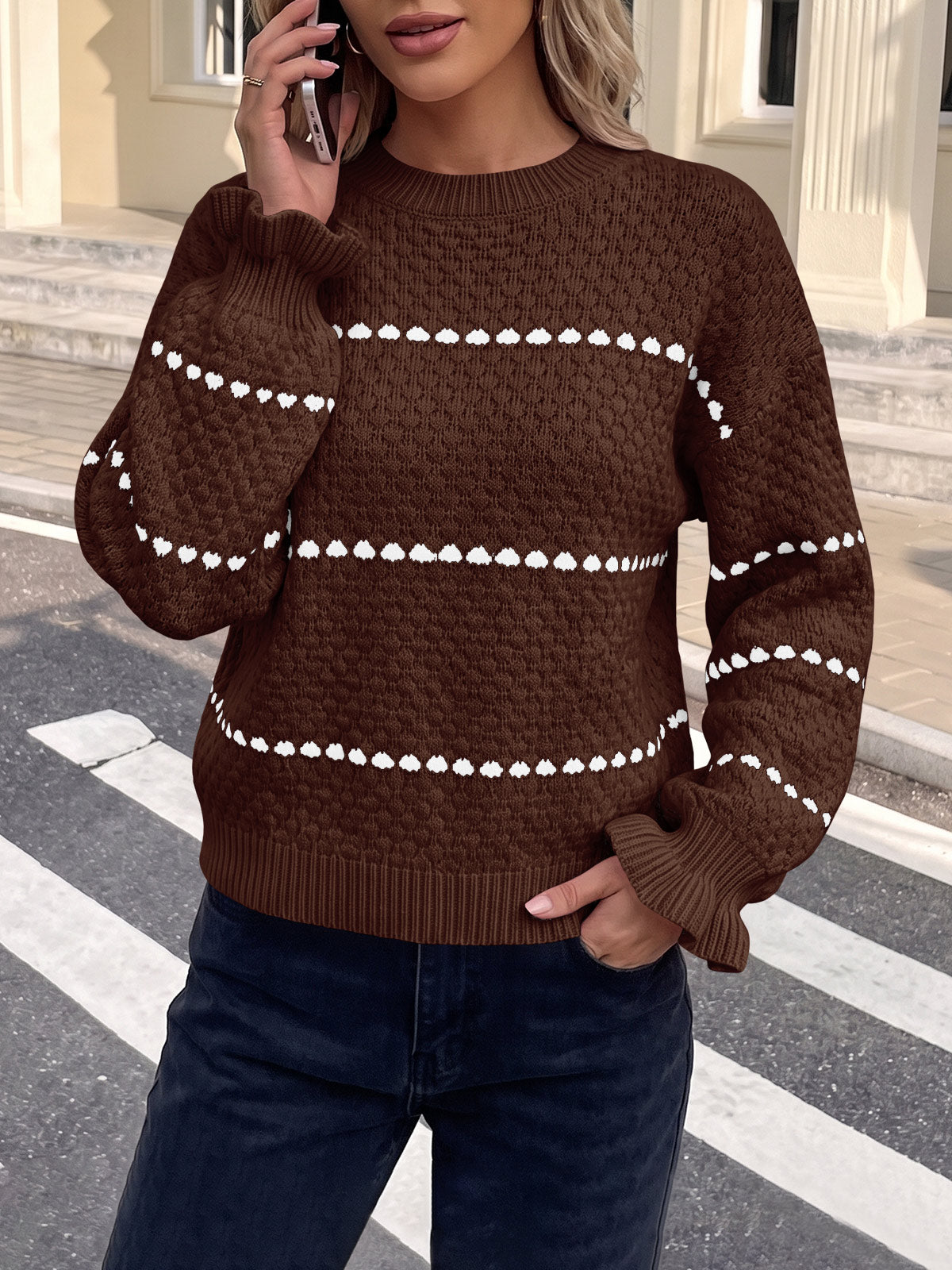 usvara Womens Heart Striped Ruffle Sweaters