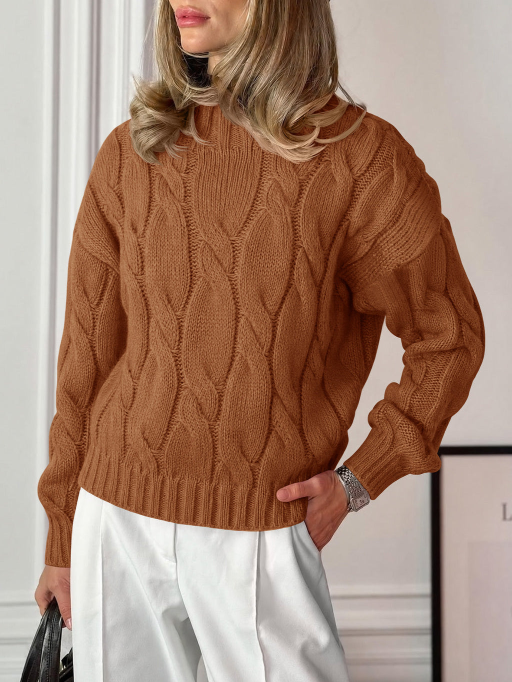 usvara Womens Mock Neck Cable Knit Sweater