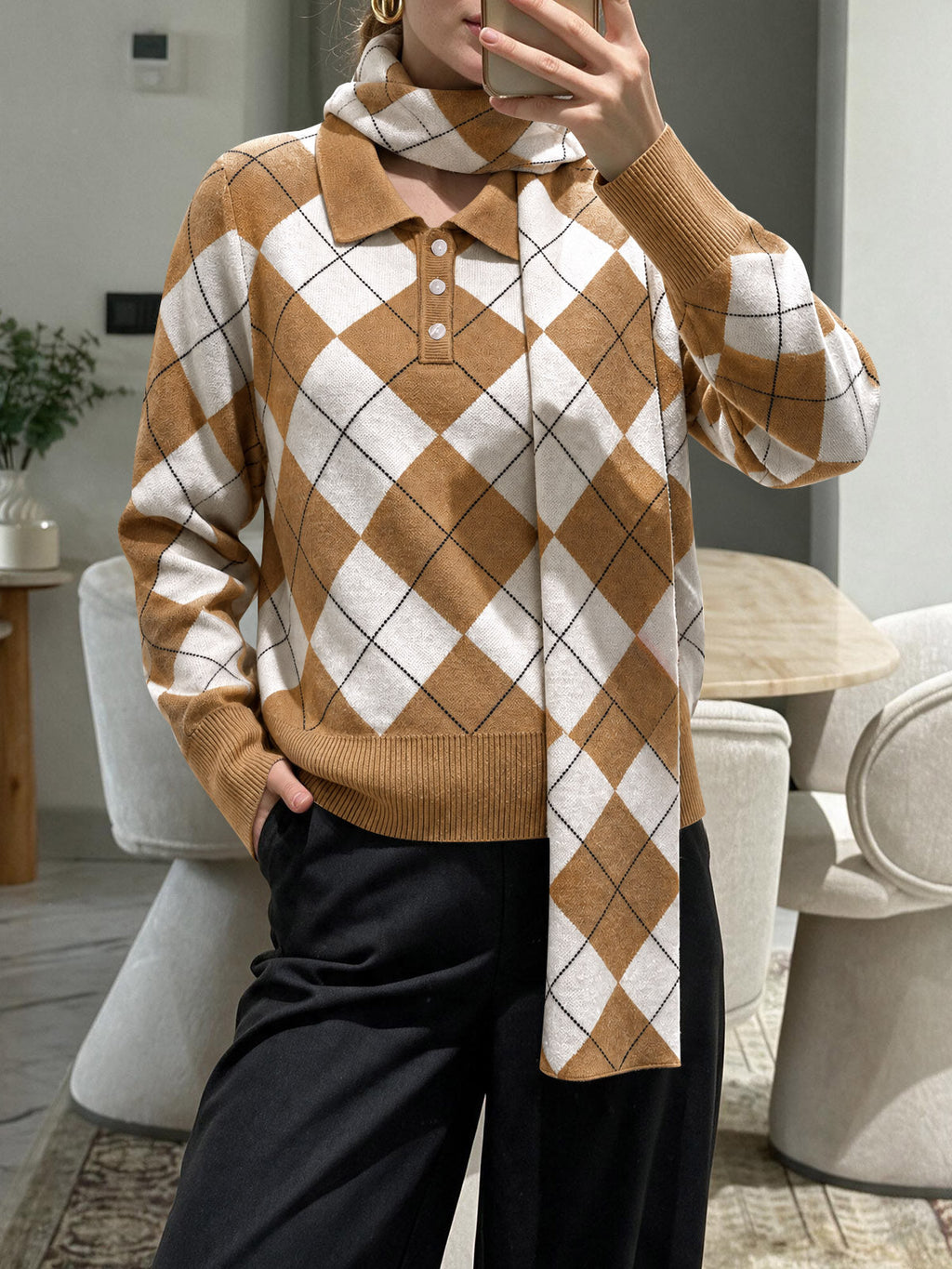 usvara Womens Argyle Color Block Polo Sweater