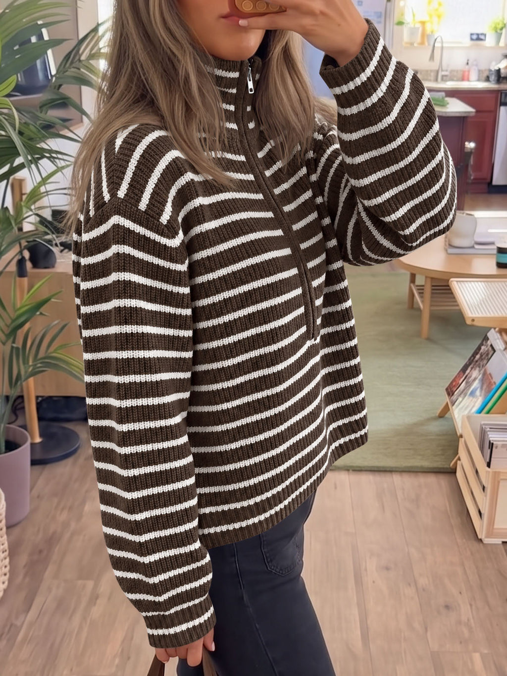 usvara Womens Striped Half Zip Sweater