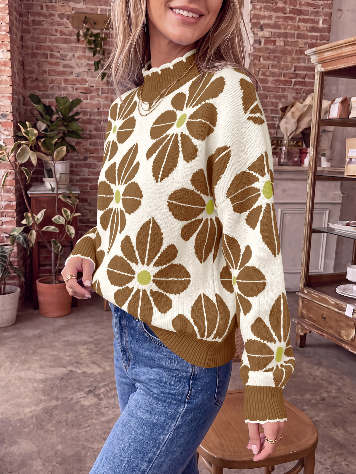 usvara Womens Mock Neck Floral Knit Sweater