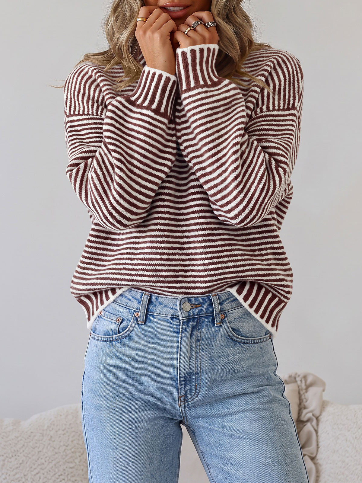 usvara Womens Striped Crew Neck Knit Sweater