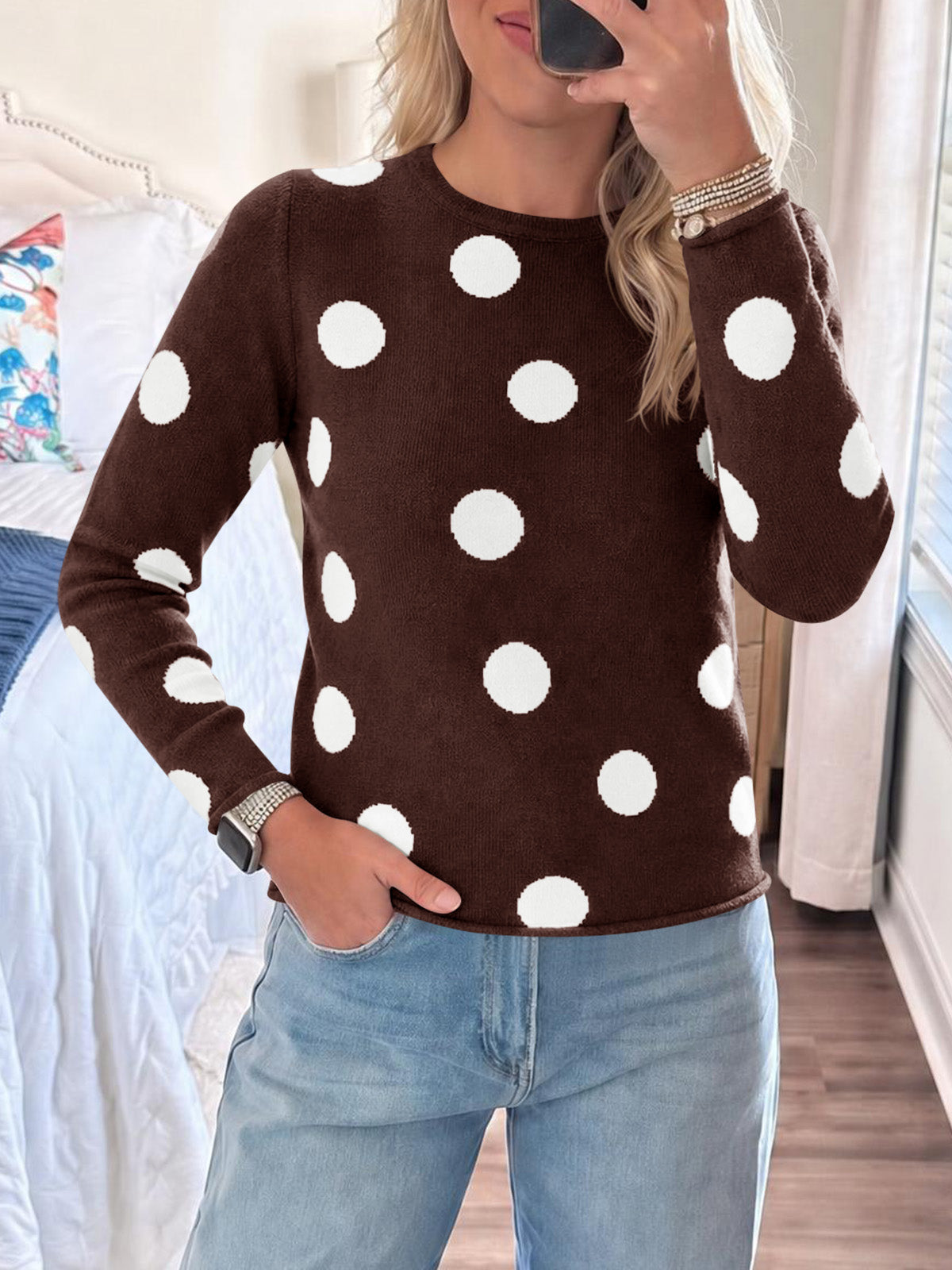 usvara Womens Polka Dot Long Sleeve Sweater