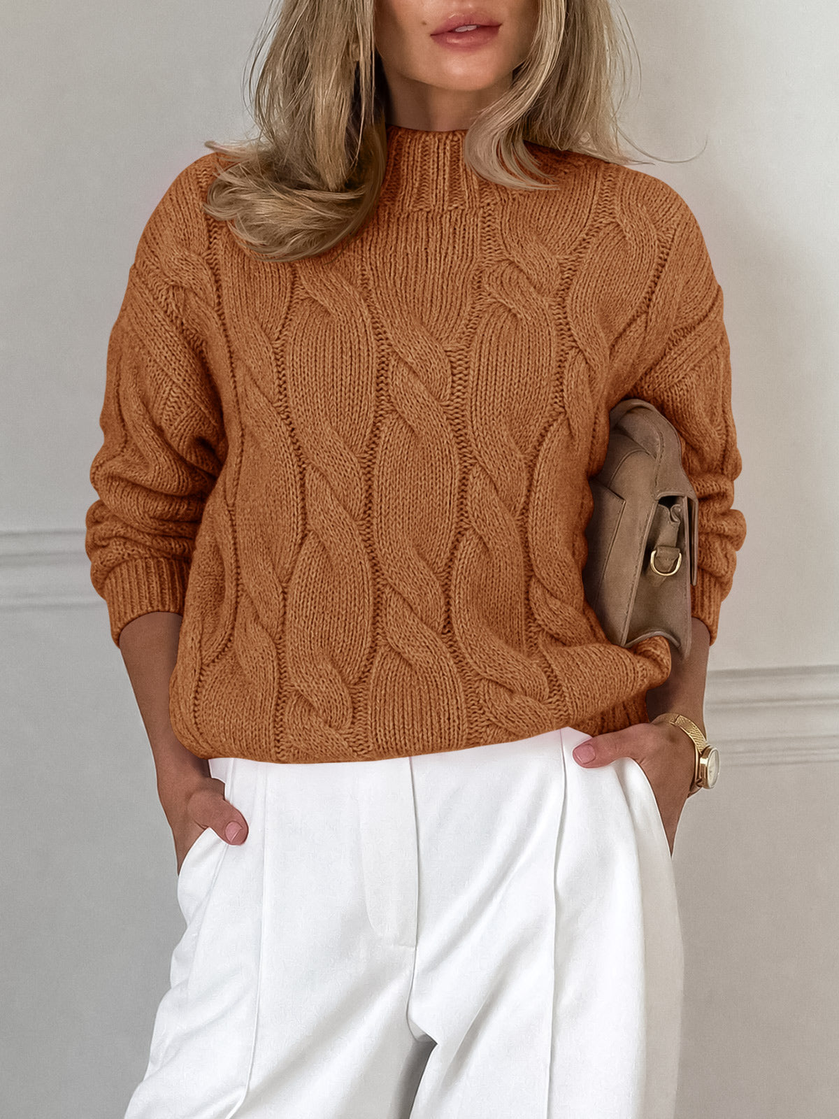 usvara Womens Mock Neck Cable Knit Sweater