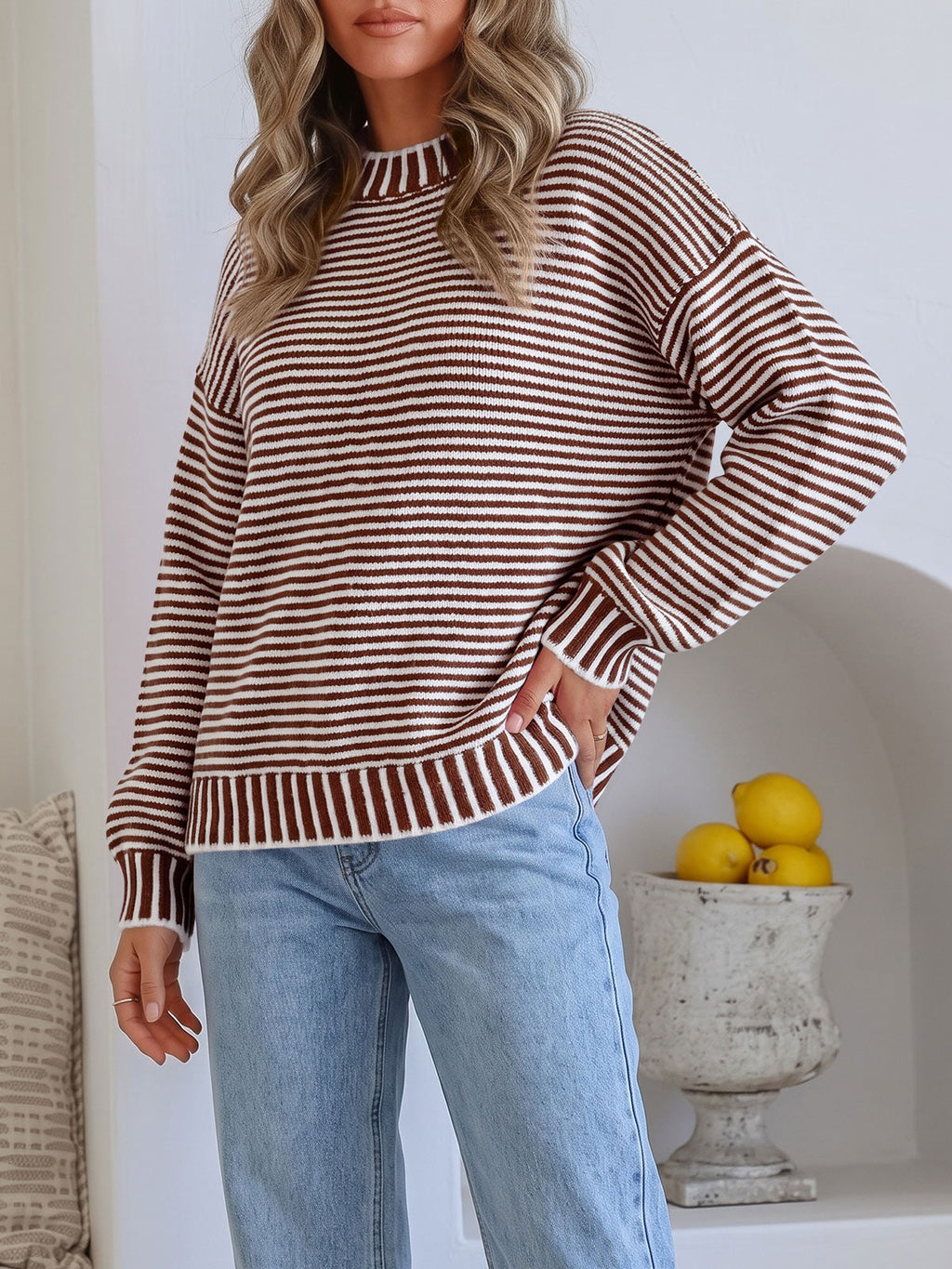 usvara Womens Striped Crew Neck Knit Sweater
