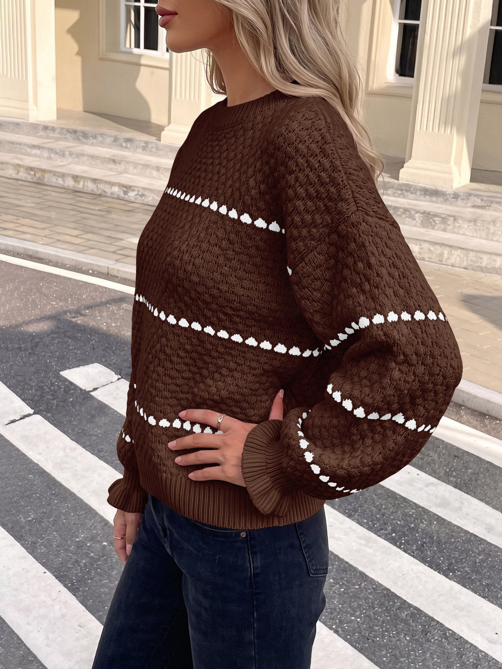 usvara Womens Heart Striped Ruffle Sweaters
