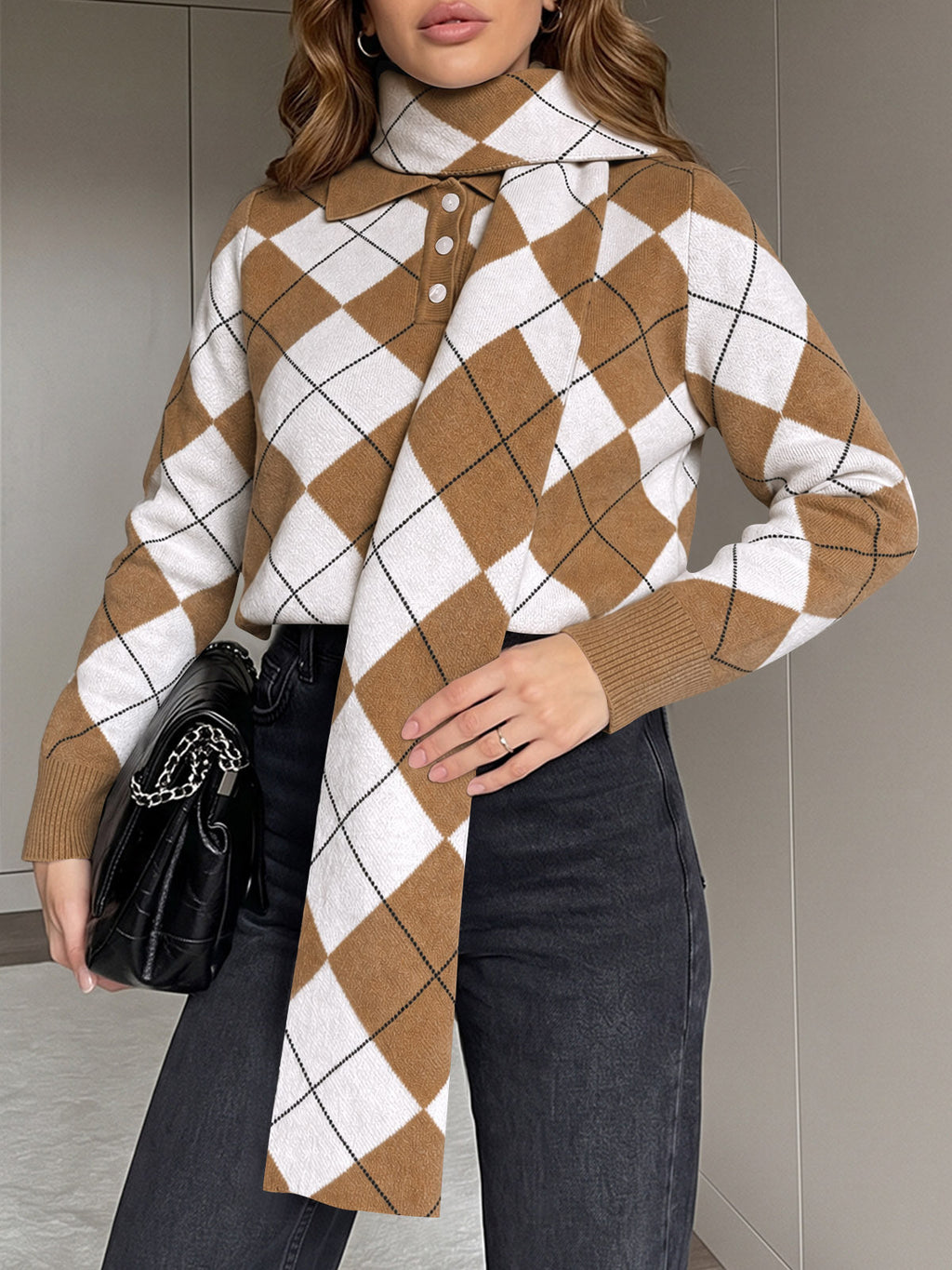 usvara Womens Argyle Color Block Polo Sweater