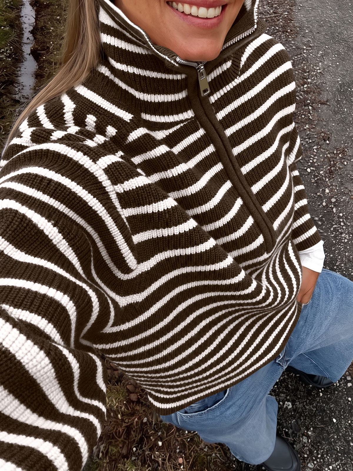 usvara Womens Striped Half Zip Sweater