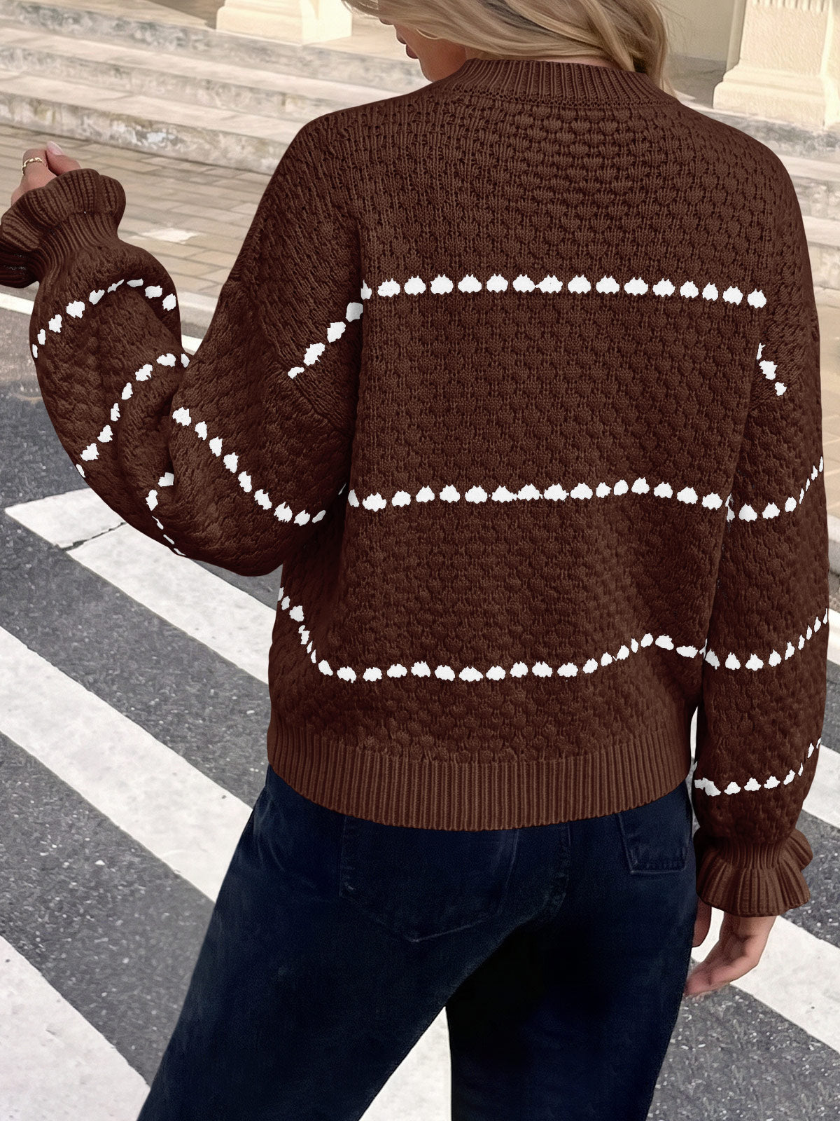 usvara Womens Heart Striped Ruffle Sweaters