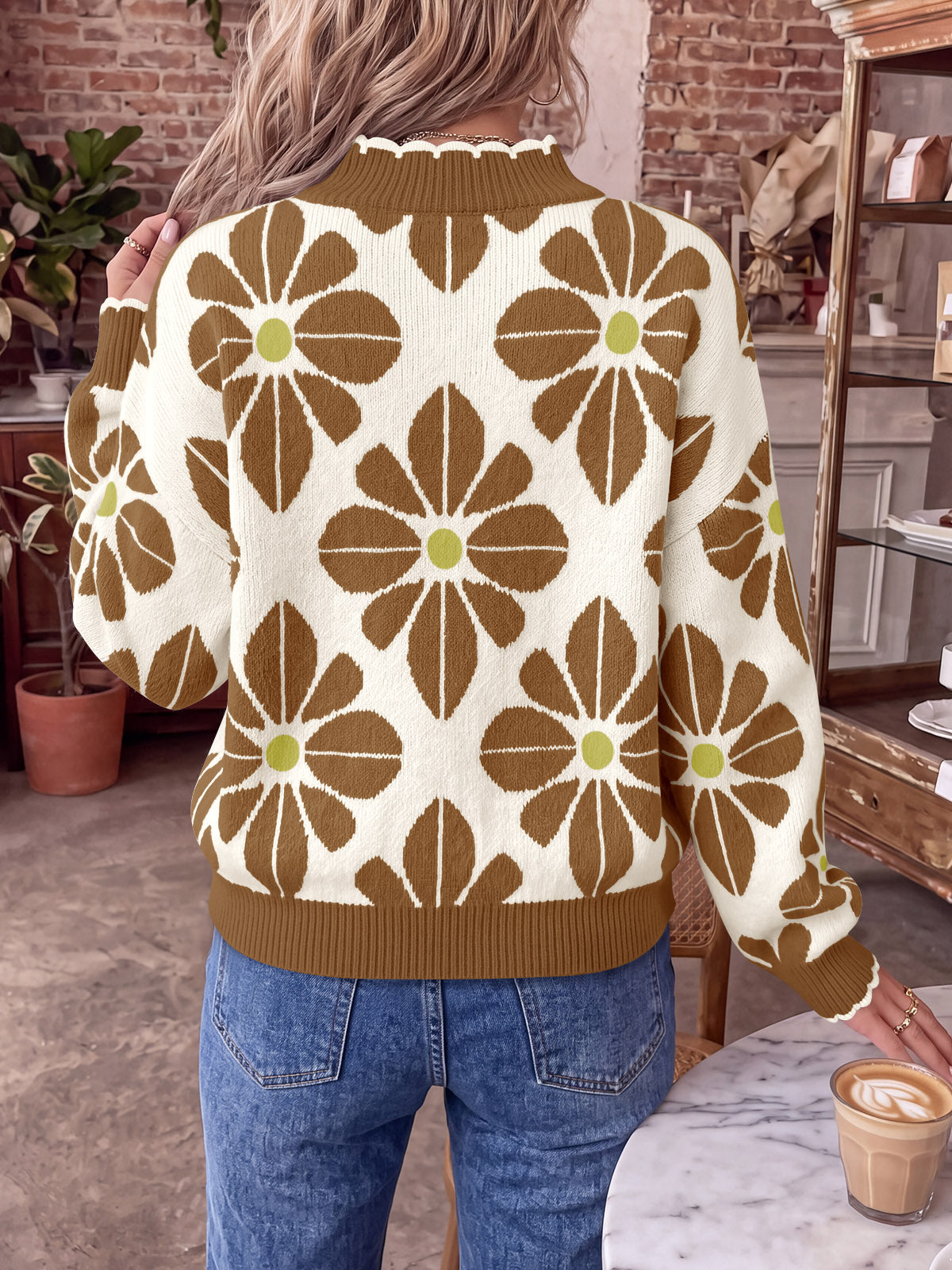 usvara Womens Mock Neck Floral Knit Sweater