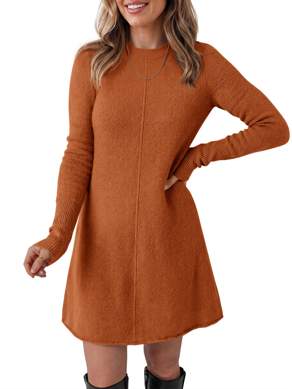 usvara Women Long Sleeve Knit Fit Flare Mini Sweater Dress