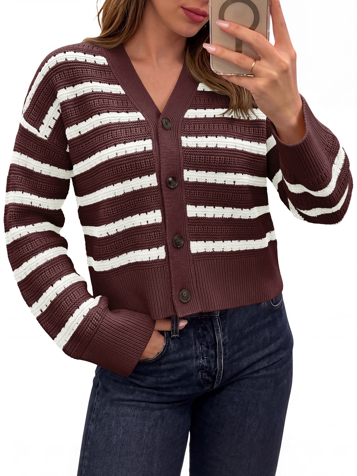 usvara Womens Striped Crochet Cardigan Tops