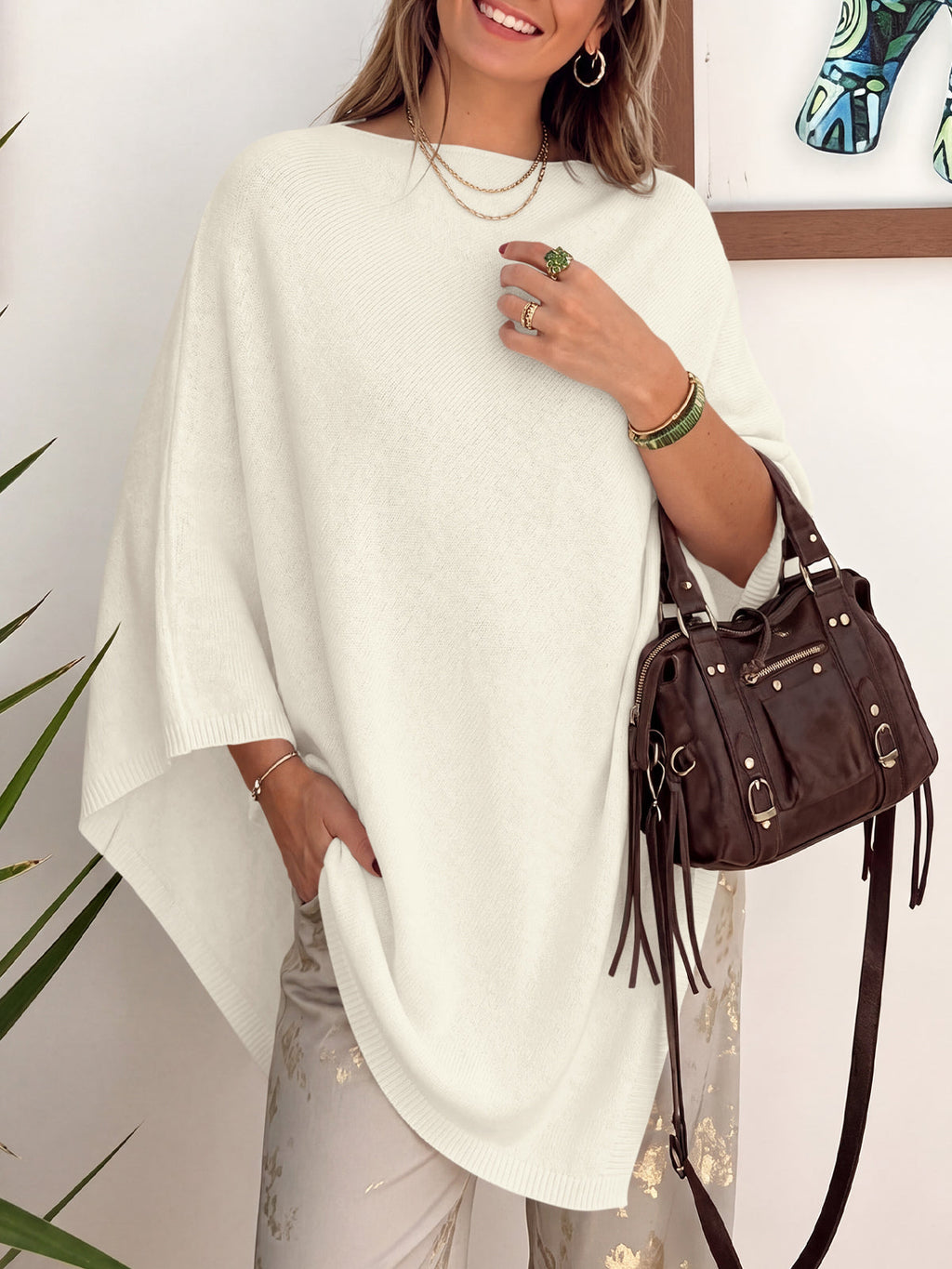 usvara Women Poncho Boat Neck Knit Sweater