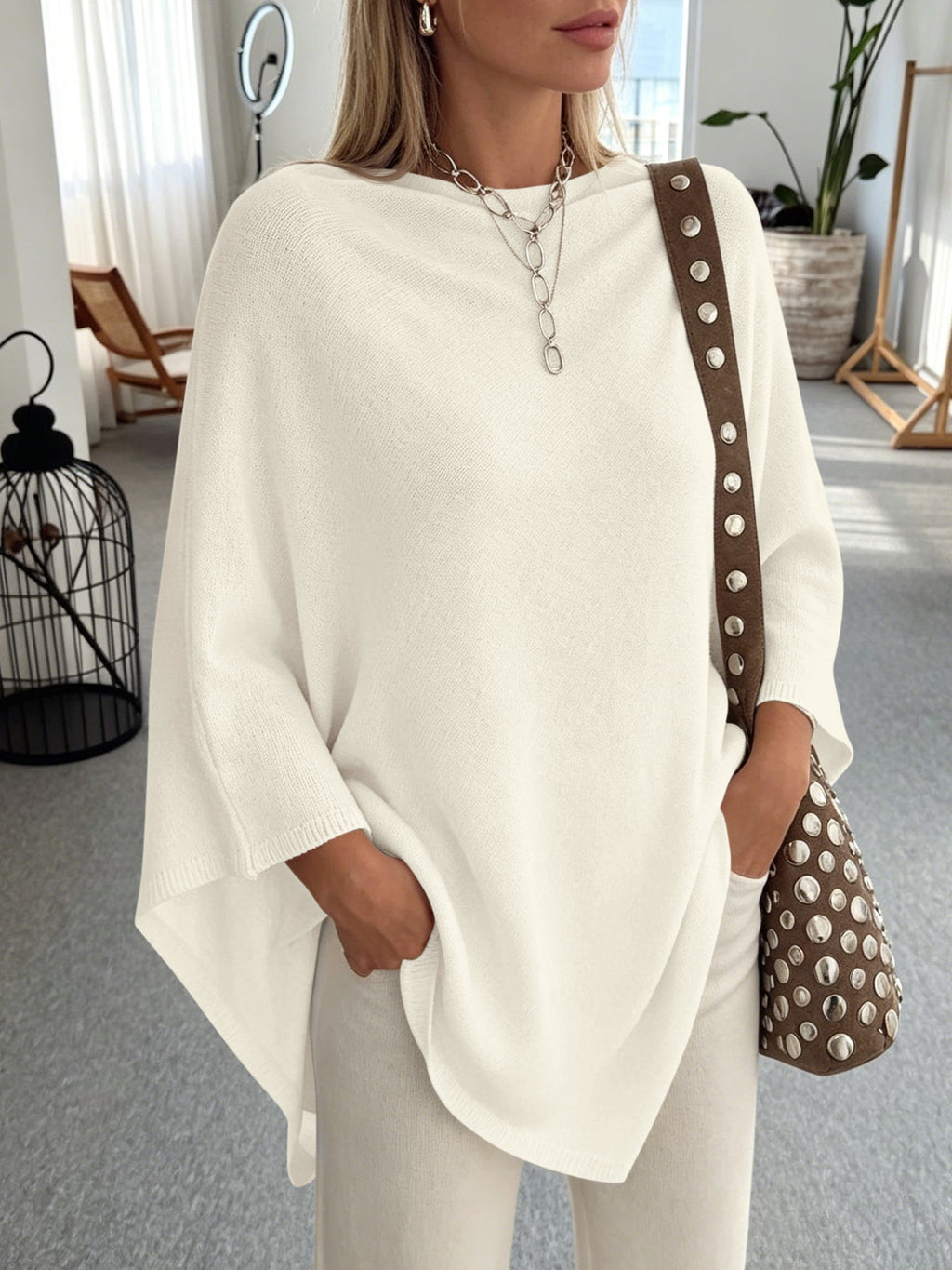 usvara Women Poncho Boat Neck Knit Sweater
