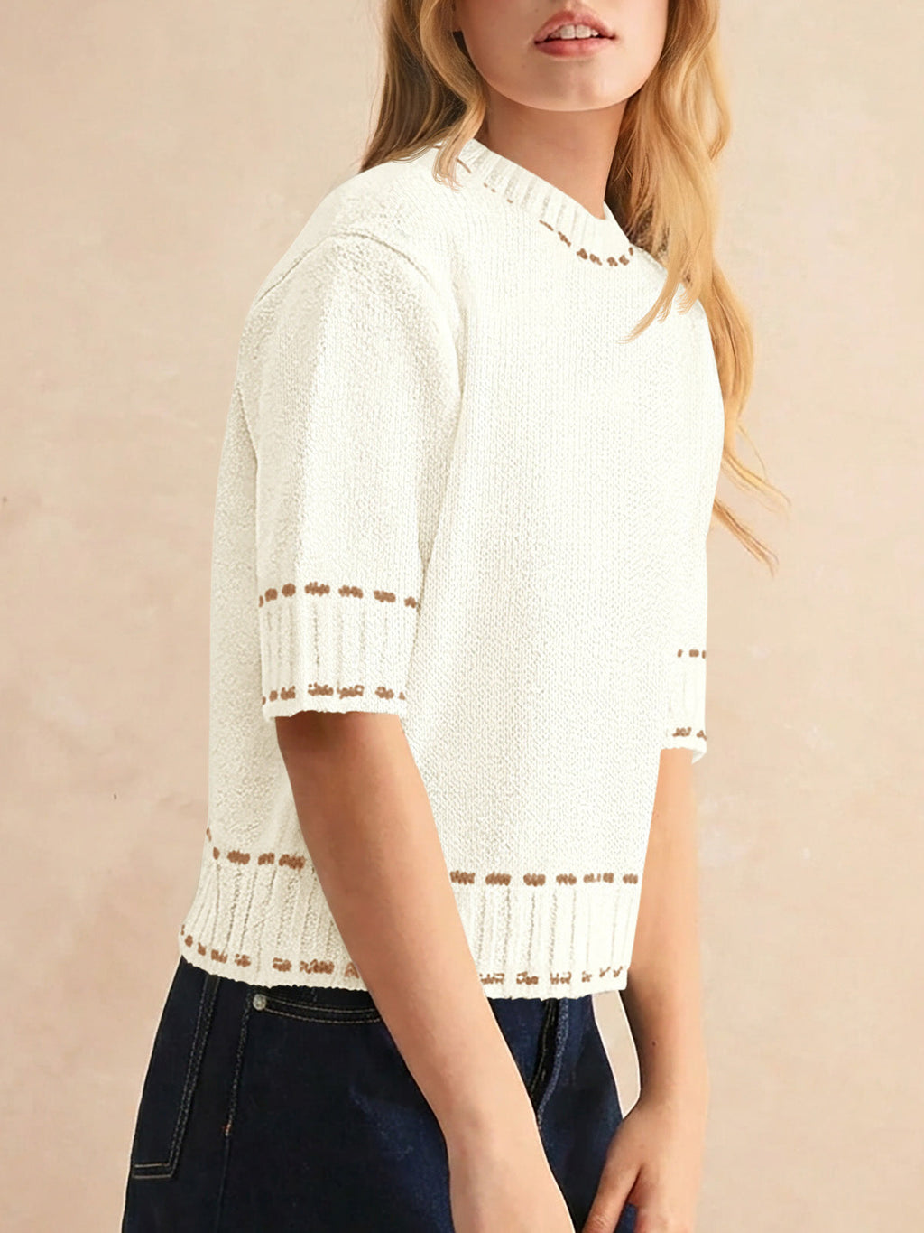 usvara Womens Cropped Crew Neck Knit Sweater