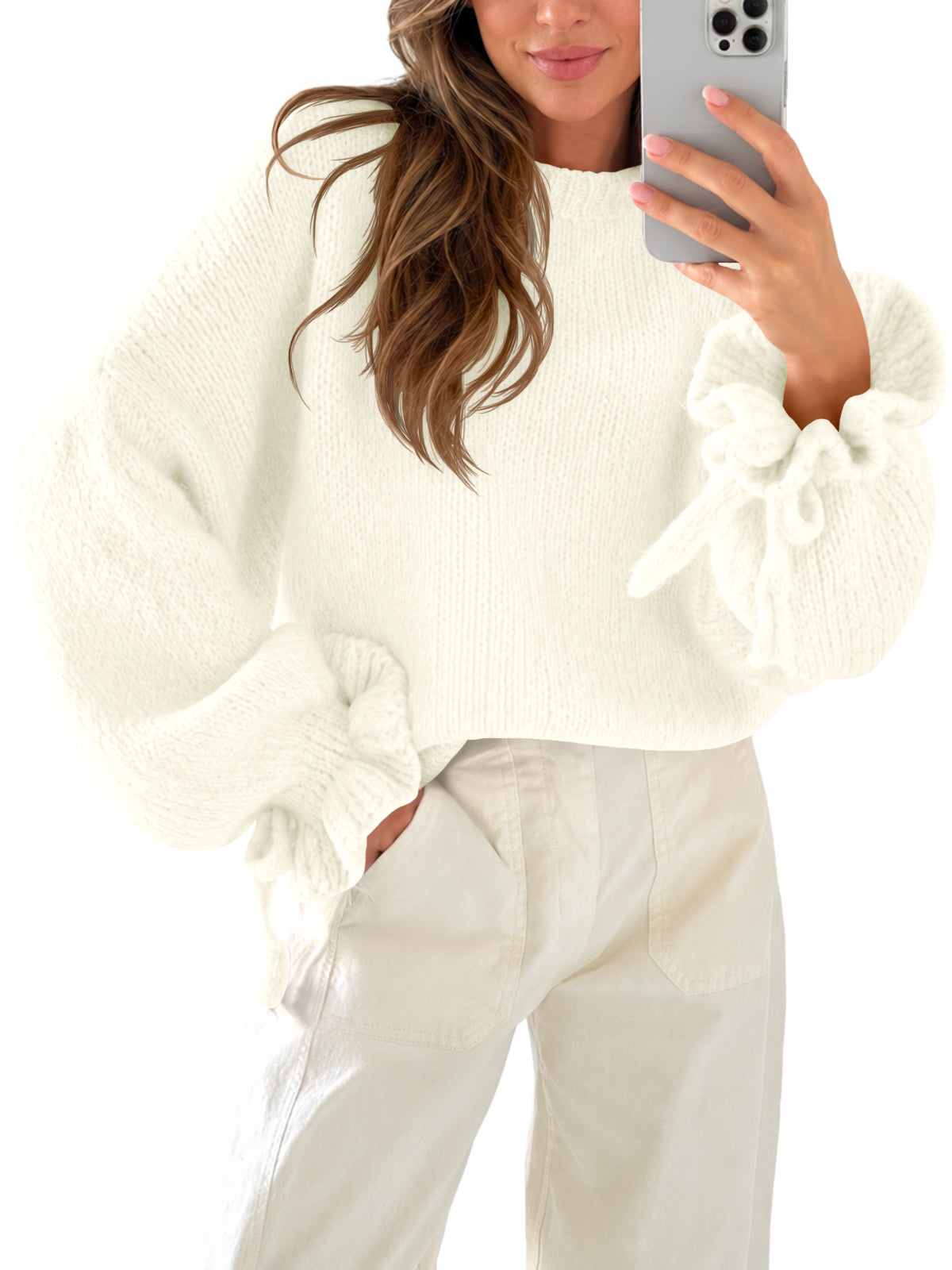 usvara Women Ruffle Long Sleeve Knit Sweater