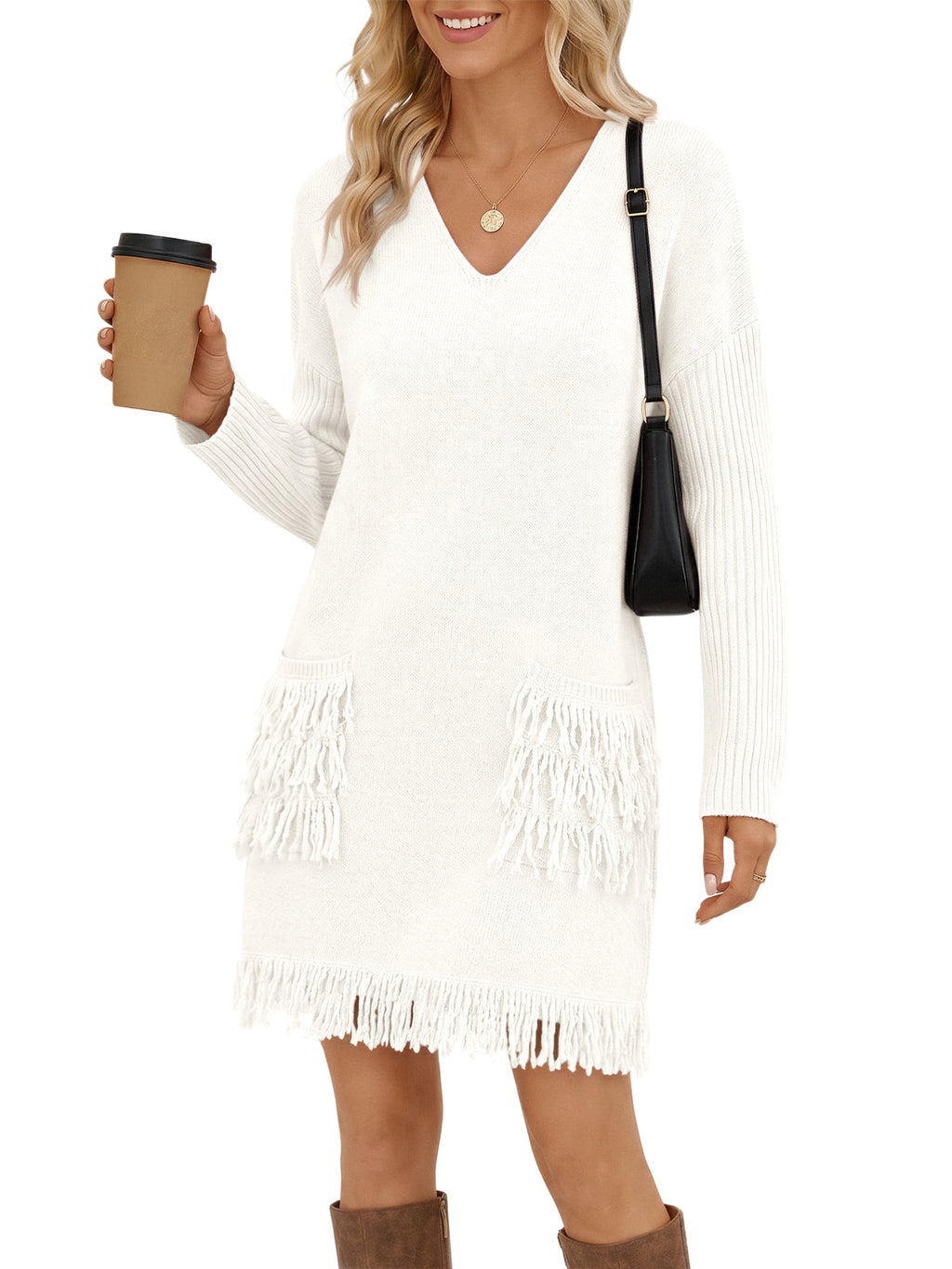 usvara Womens V Neck Sweater Dress