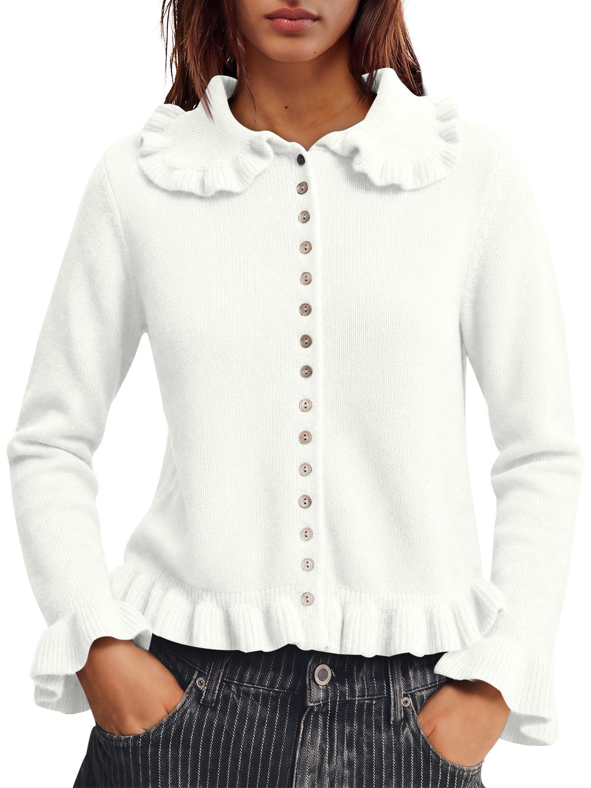 usvara Womens Ruffle Button Down Cardigan