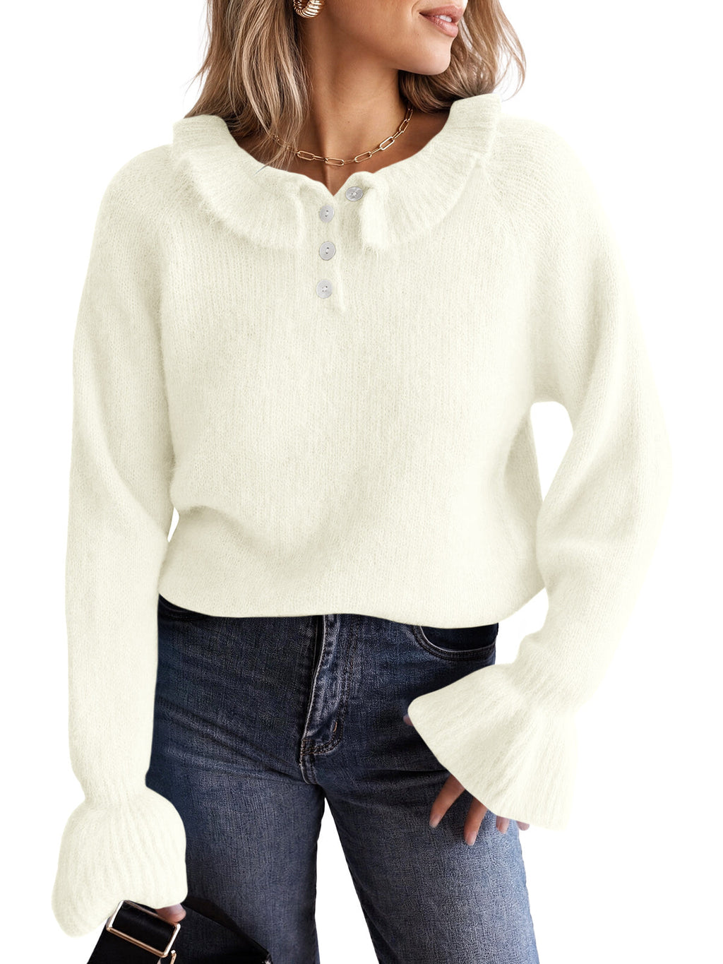 usvara Women Ruffle Collared Long Sleeve Sweater