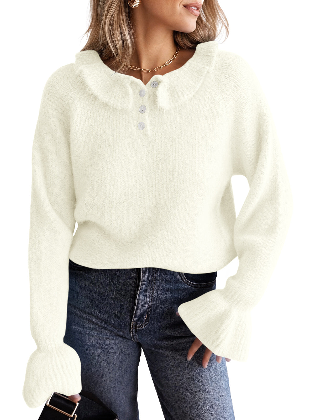 usvara Women Ruffle Collared Long Sleeve Sweater