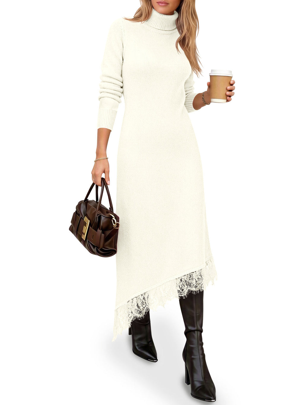 usvara Womens Lace Turtleneck Sweater Dress
