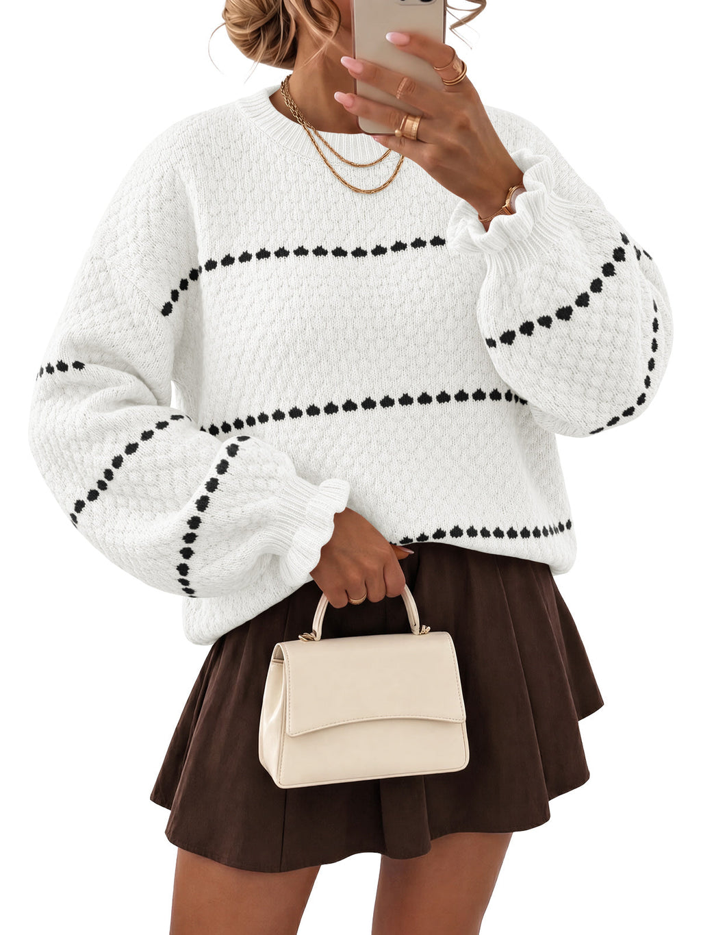 usvara Womens Heart Striped Ruffle Sweaters