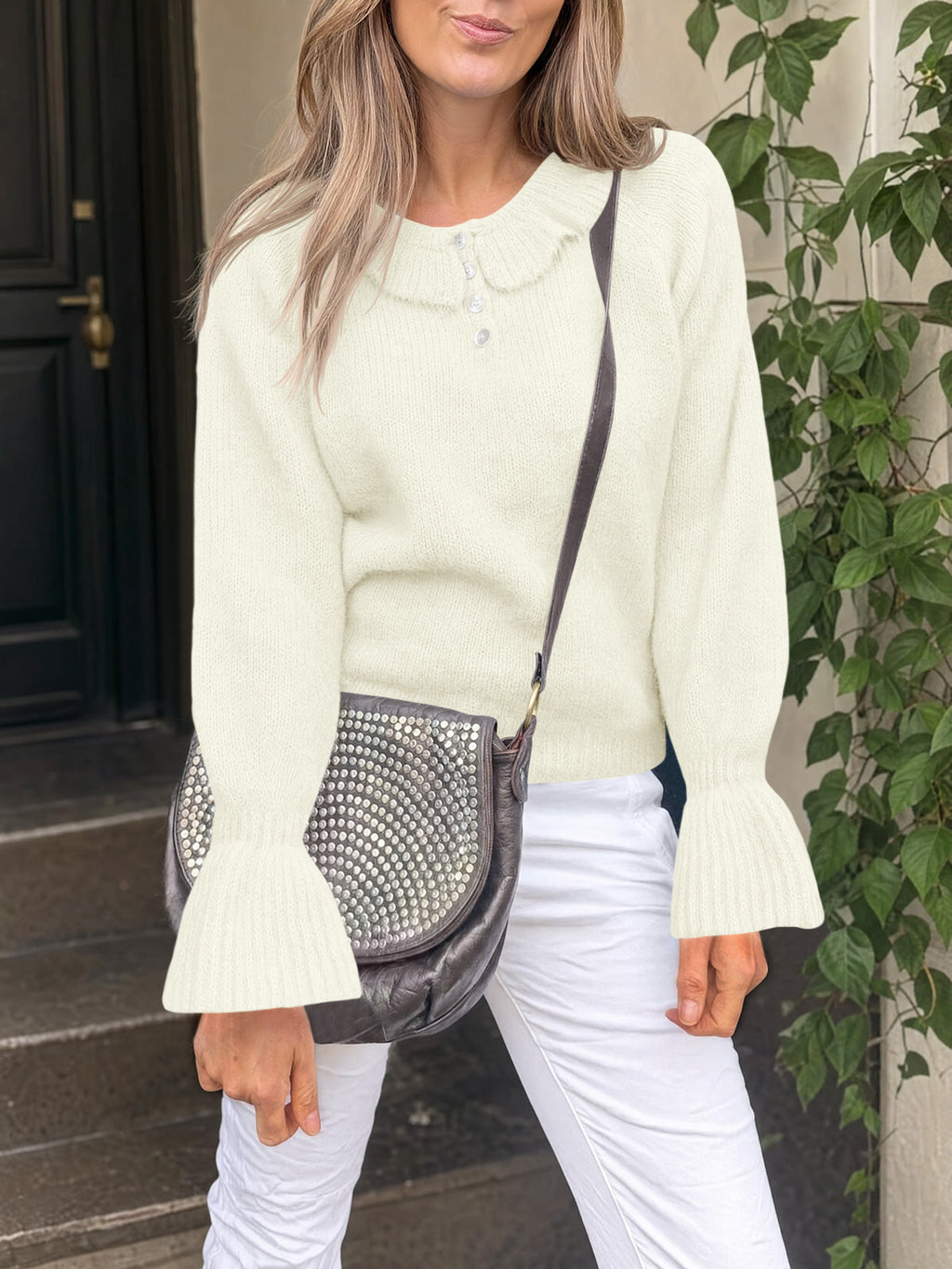 usvara Women Ruffle Collared Long Sleeve Sweater