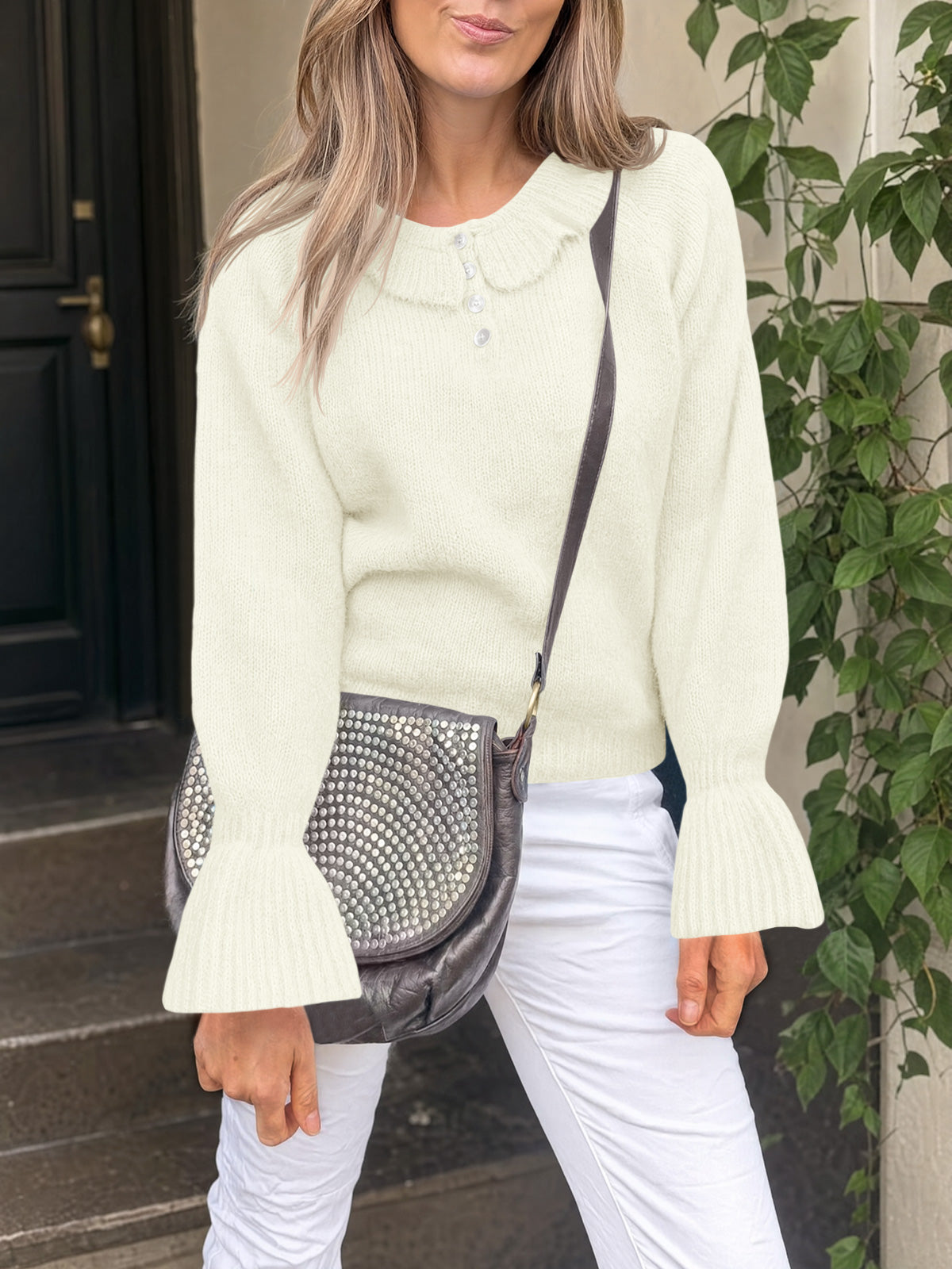 usvara Women Ruffle Collared Long Sleeve Sweater