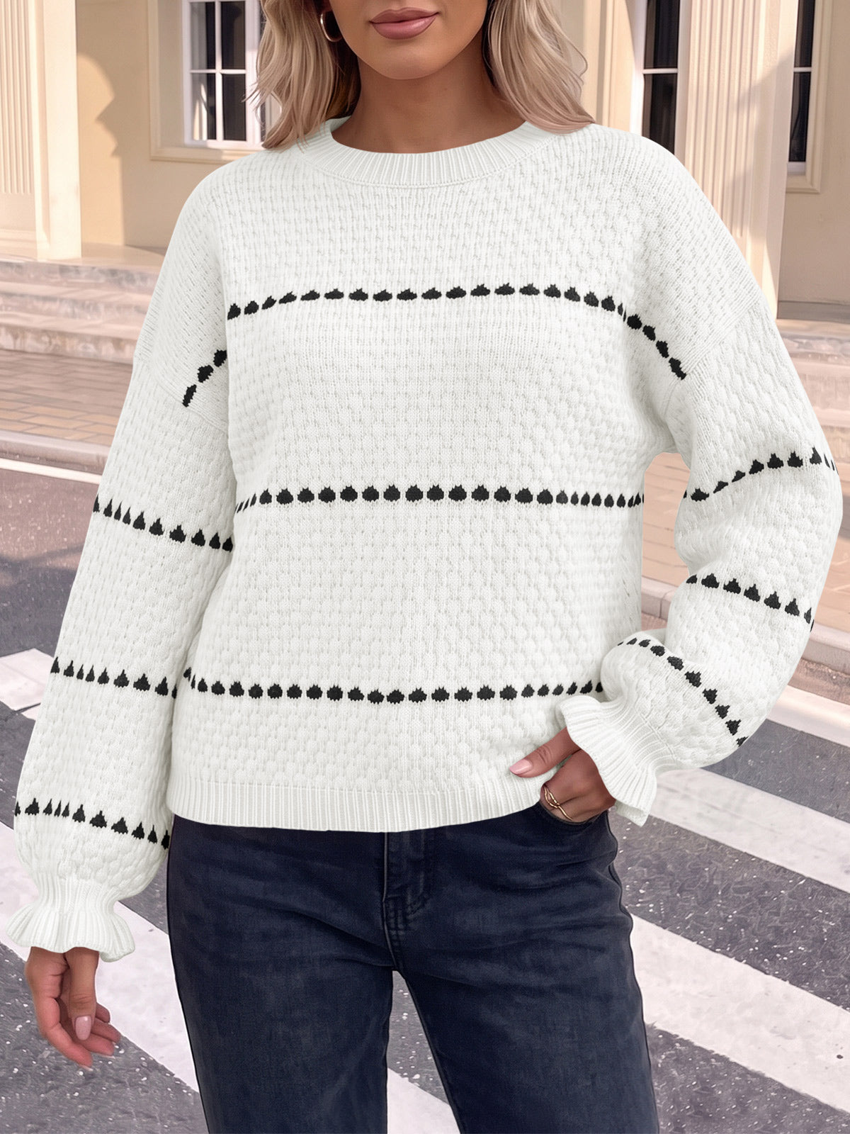 usvara Womens Heart Striped Ruffle Sweaters