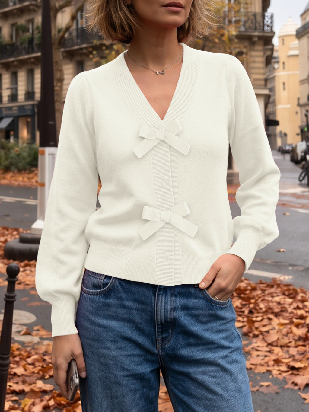 usvara Women V Neck Bow Knit Cardigan