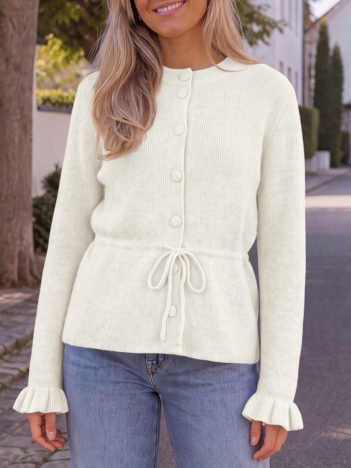 usvara Womens Ruffle Sleeve Button Tie Cardigans